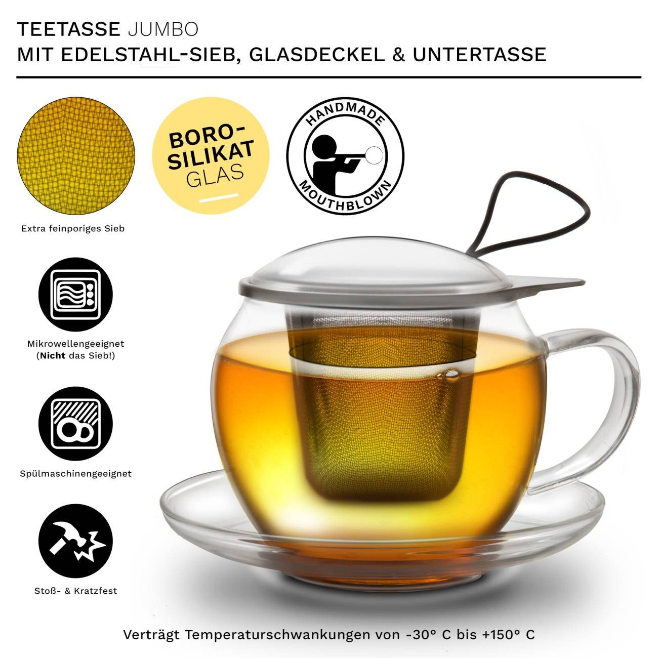 Creano Teeglas 2er Set JUMBO Tee-Tasse XXL, Henkel, Sieb, Deckel, Untertasse, 450ml, Borosilikatglas, 2 Tassen mit Untertassen
