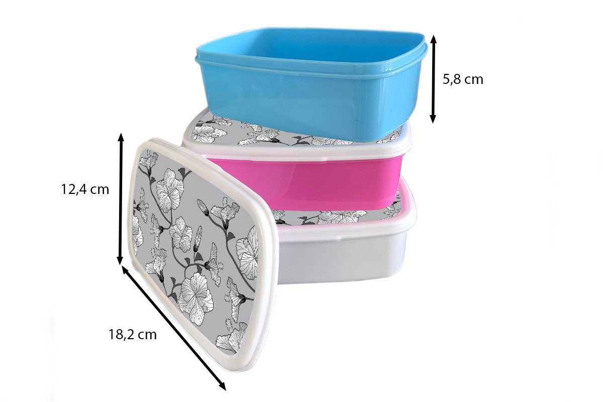 MuchoWow Lunchbox rosa Kunststoff, (2-tlg), Grau Muster, Kunststoff Snackbox, Hibiskus - Tropisch - Brotdose - Kinder, für Mädchen, Erwachsene, Brotbox