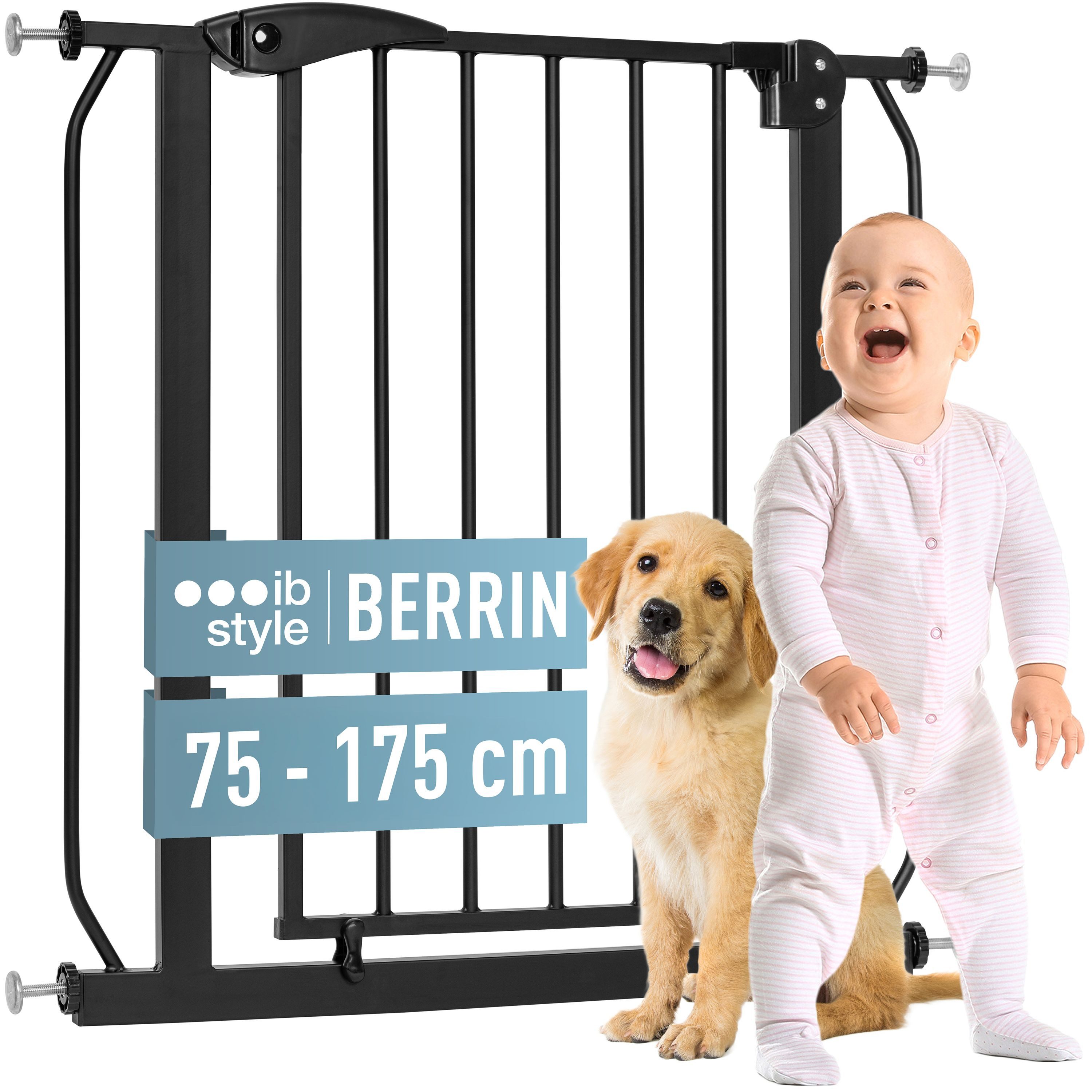 ib style Türschutzgitter Treppengitter Berrin 125-135 cm schwarz, Sicherheitsgitter, Ohne Bohren, Zum Klemmen, Auto-Close, 90° Stopp