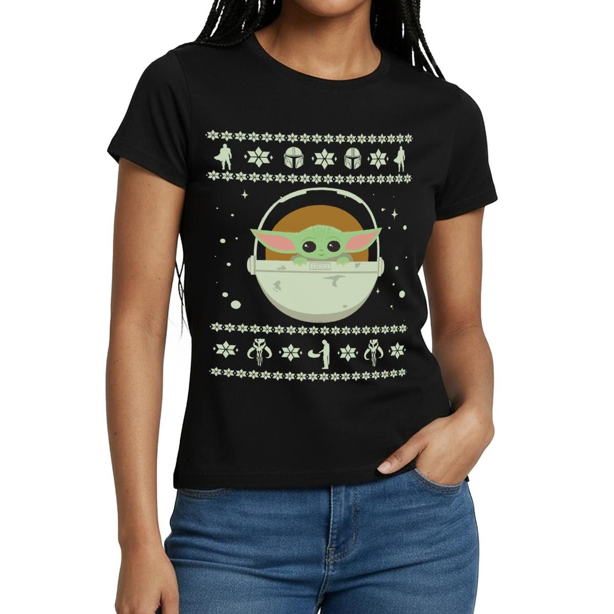 Spreadshirt T-Shirt Star Wars: Mandalorian Grogu Weihnachten Frauen T-Shirt (1-tlg) Slim Fit, fällt klein aus