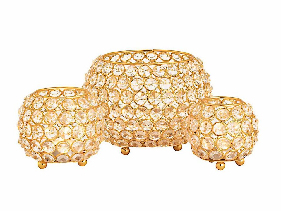 Casamia Windlicht Teelichthalter Kerzenhalter Set 3-teilig Crystal Kerzenständer  gold