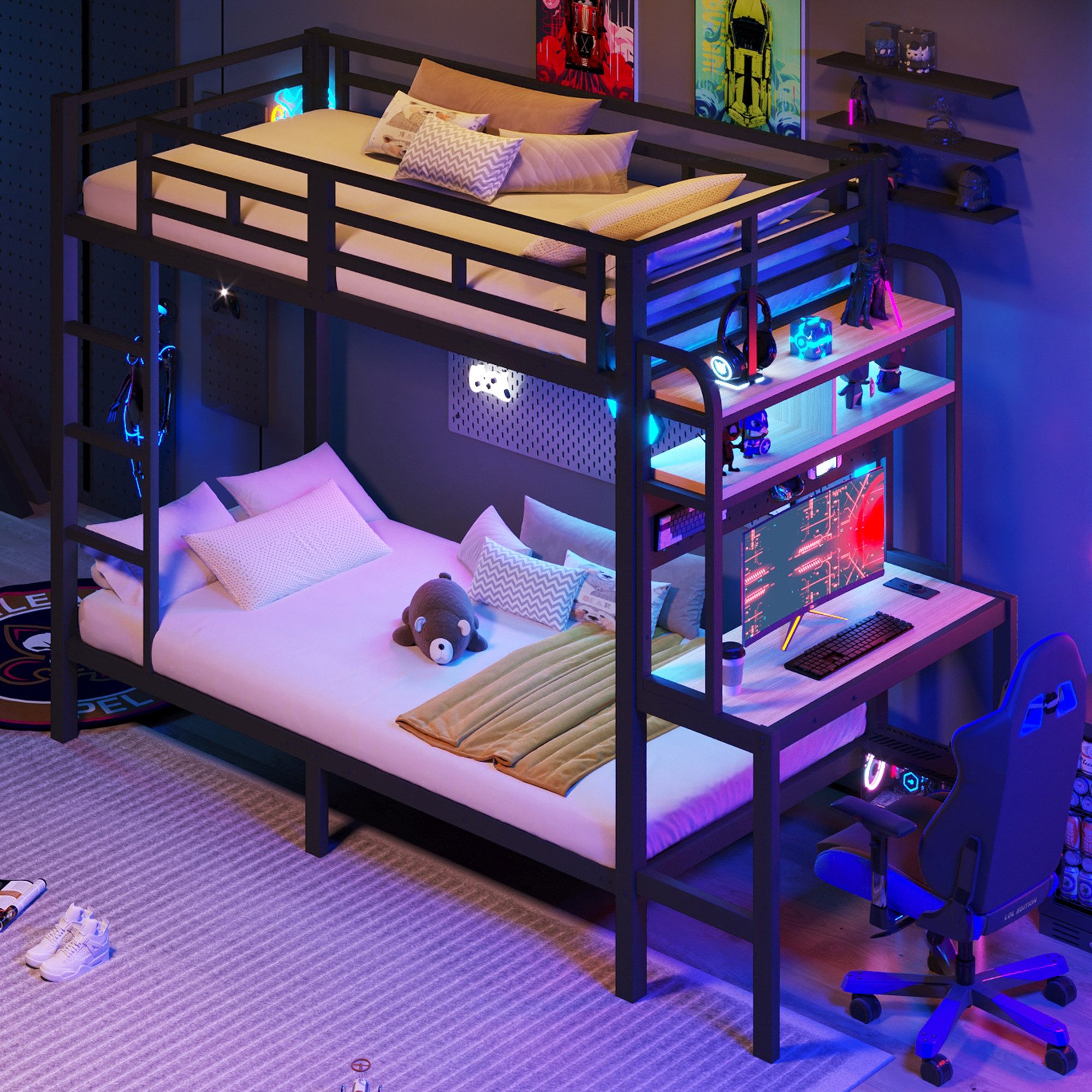 Merax Etagenbett 90x200cm mit LED-Beleuchtung & USB-Anschluss (Jugendbett Stockbett Doppelbett, 1-St), Metallbett Kinderbett mit Schreibtisch Ablagefächern Geländer Leiter