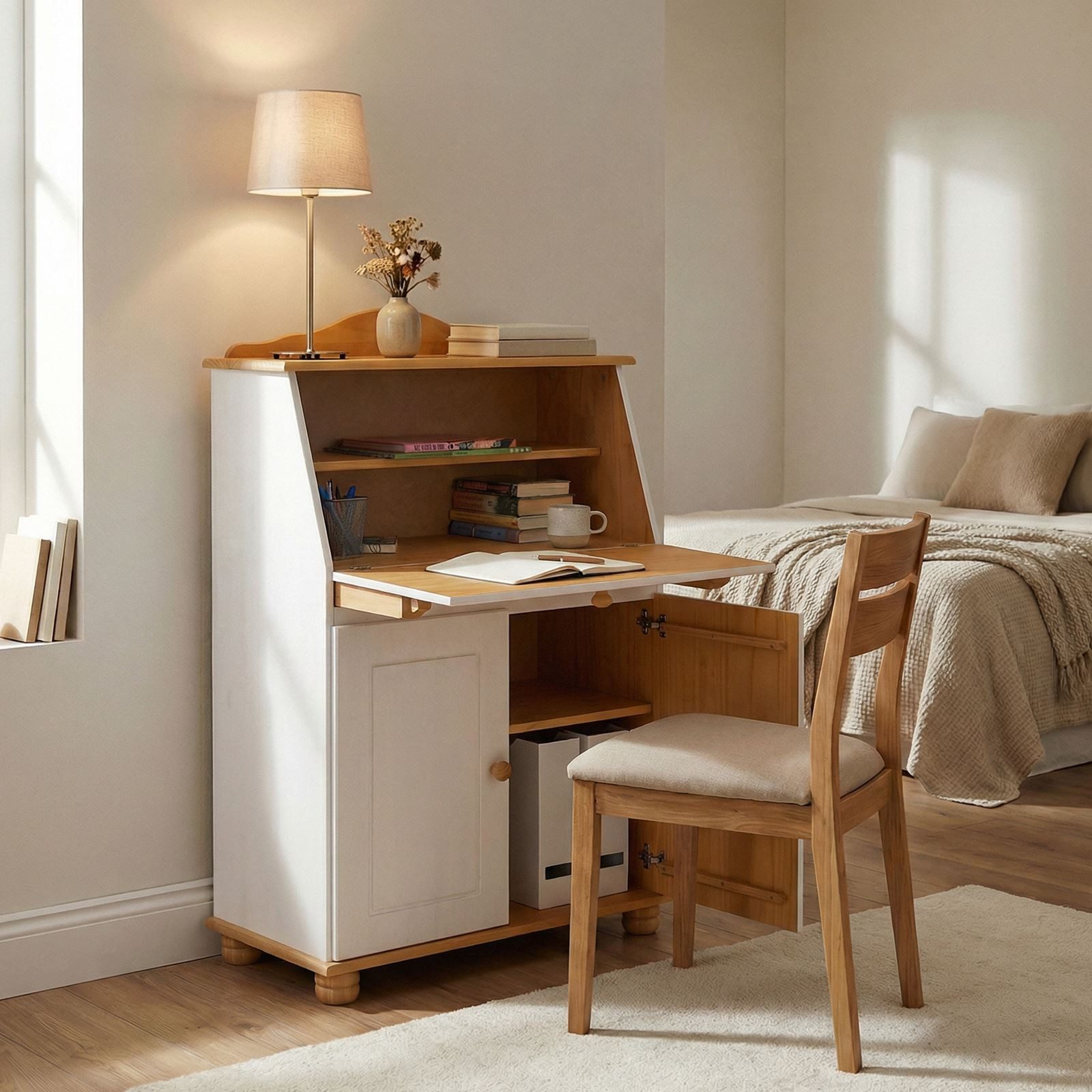 IDIMEX Sekretär DAVID, Schreibtisch im Landhausstil aus Massivholz mit Stauraum Weiß/Braun