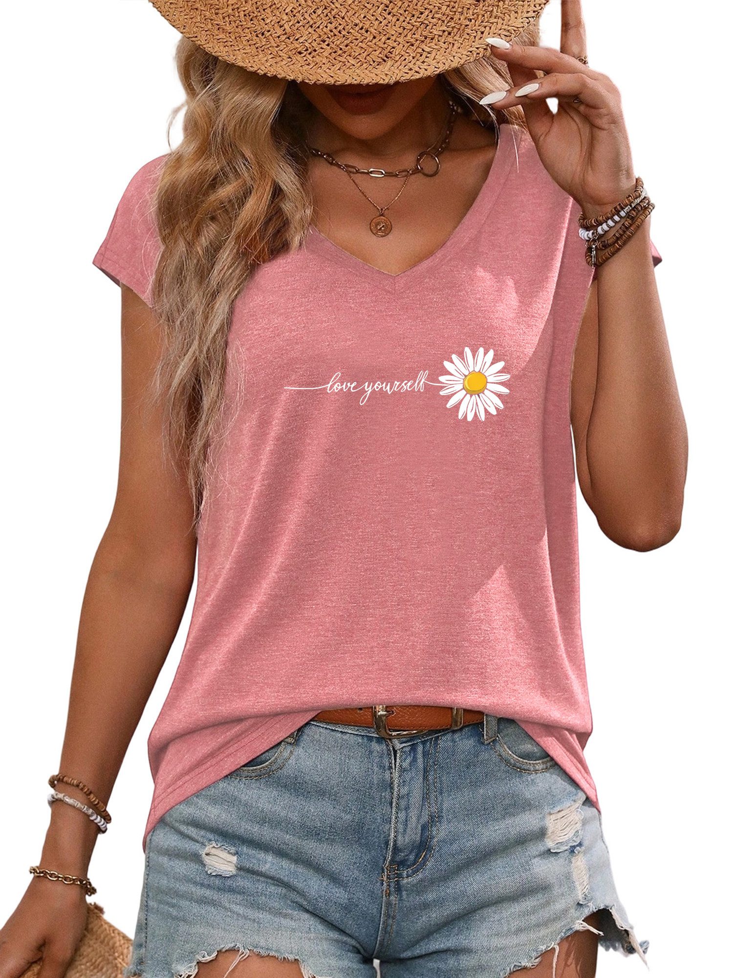 PYLIKE V-Shirt Damen Sommer Casual bequemes Achselhemd mit Gänseblümchen Pr günstig online kaufen