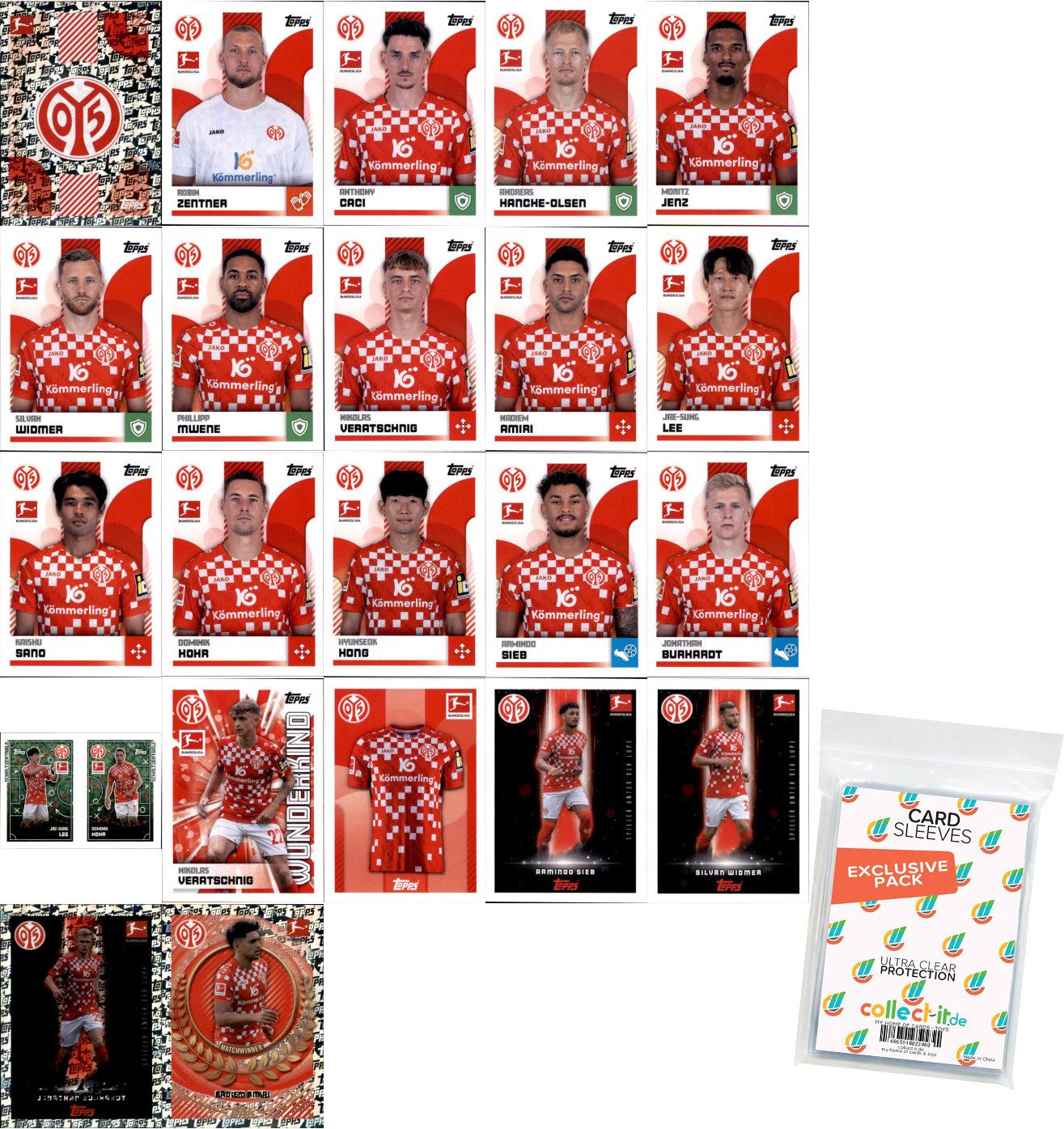 Topps Sammelkarte Bundesliga Sticker 24/25 Mannschaftspaket 1. FSV MAINZ 05 + Sleeves