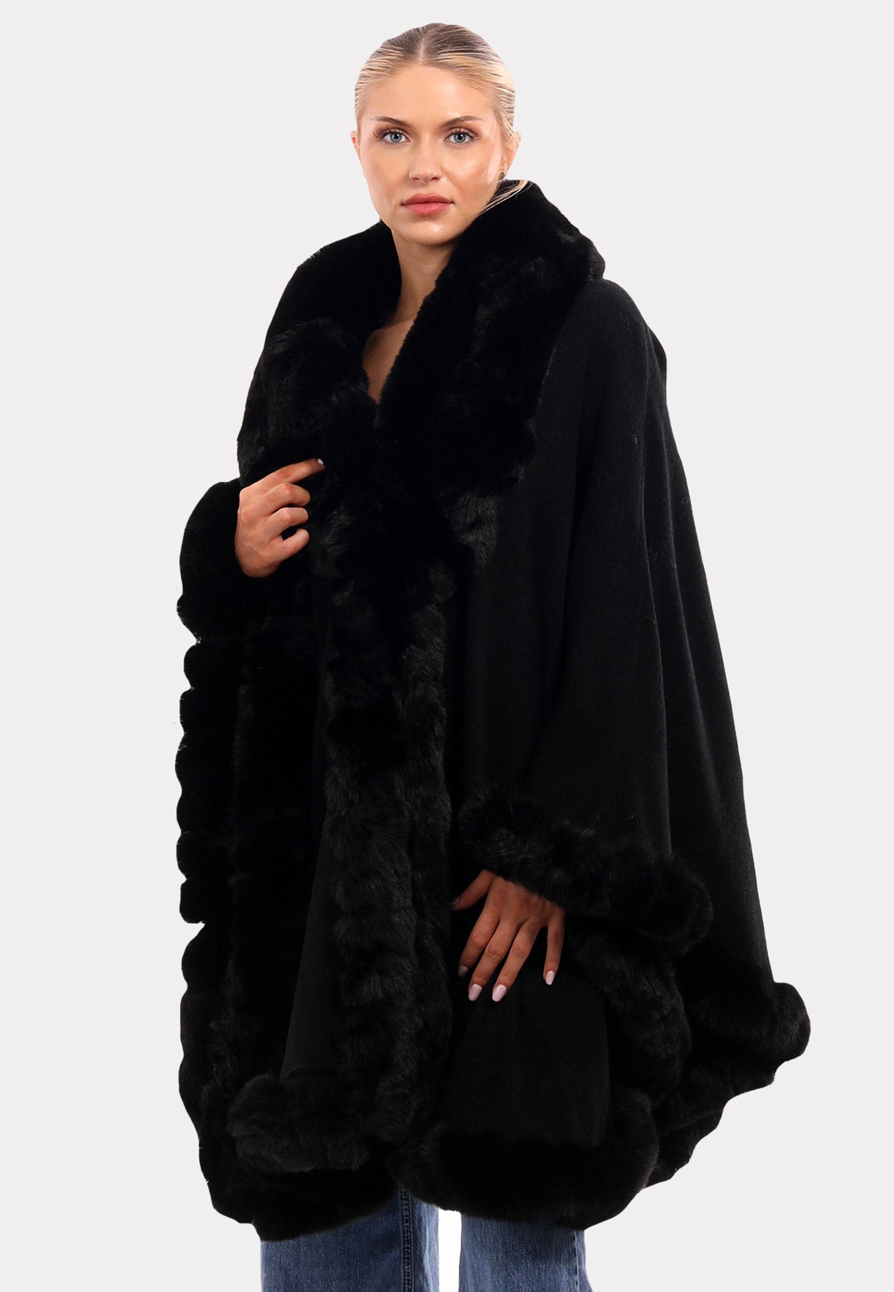 YC Fashion "Edler Poncho schwarz mit Fließender Luxuriösem Style Unifarbe Poncho (1-St) Kunstpelz-Besatz" & in