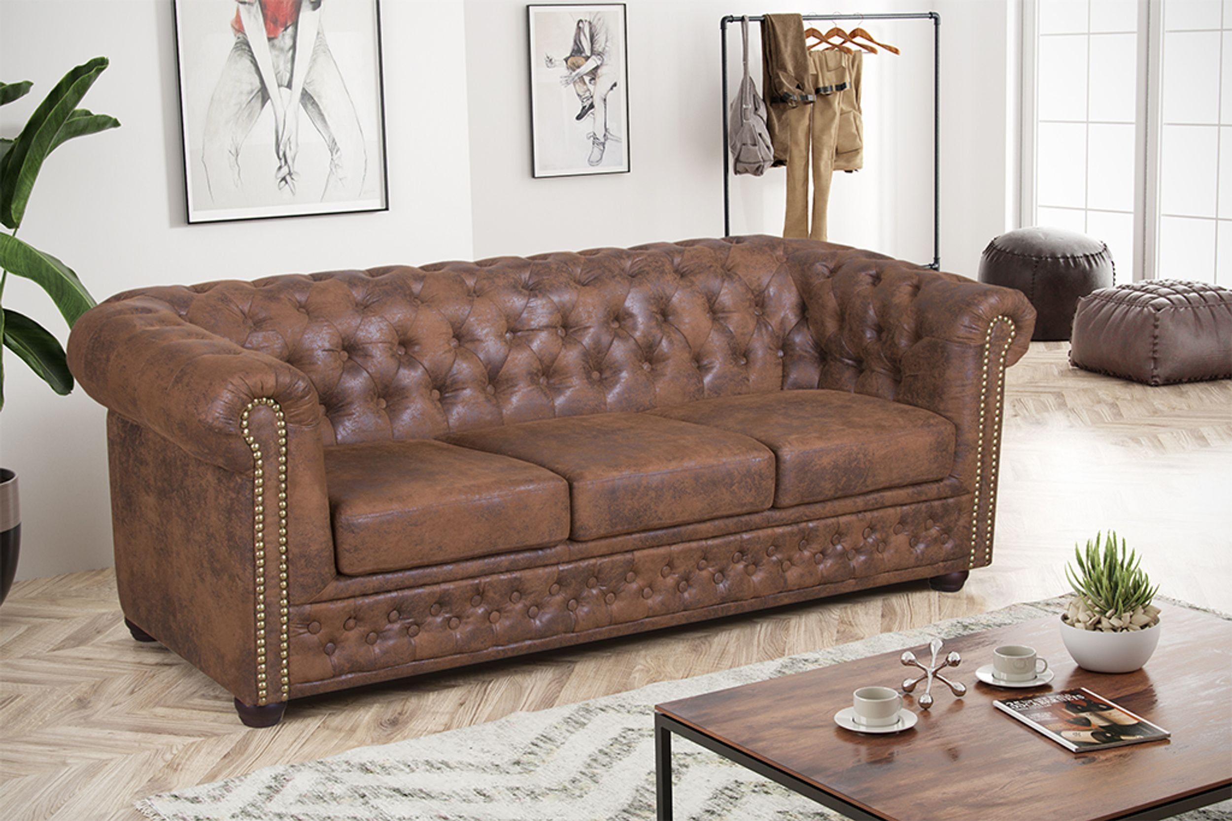 Sofa Edles Sofa 3 Sitzer in Mikrofaser Vintage braun Couch Polstersofa