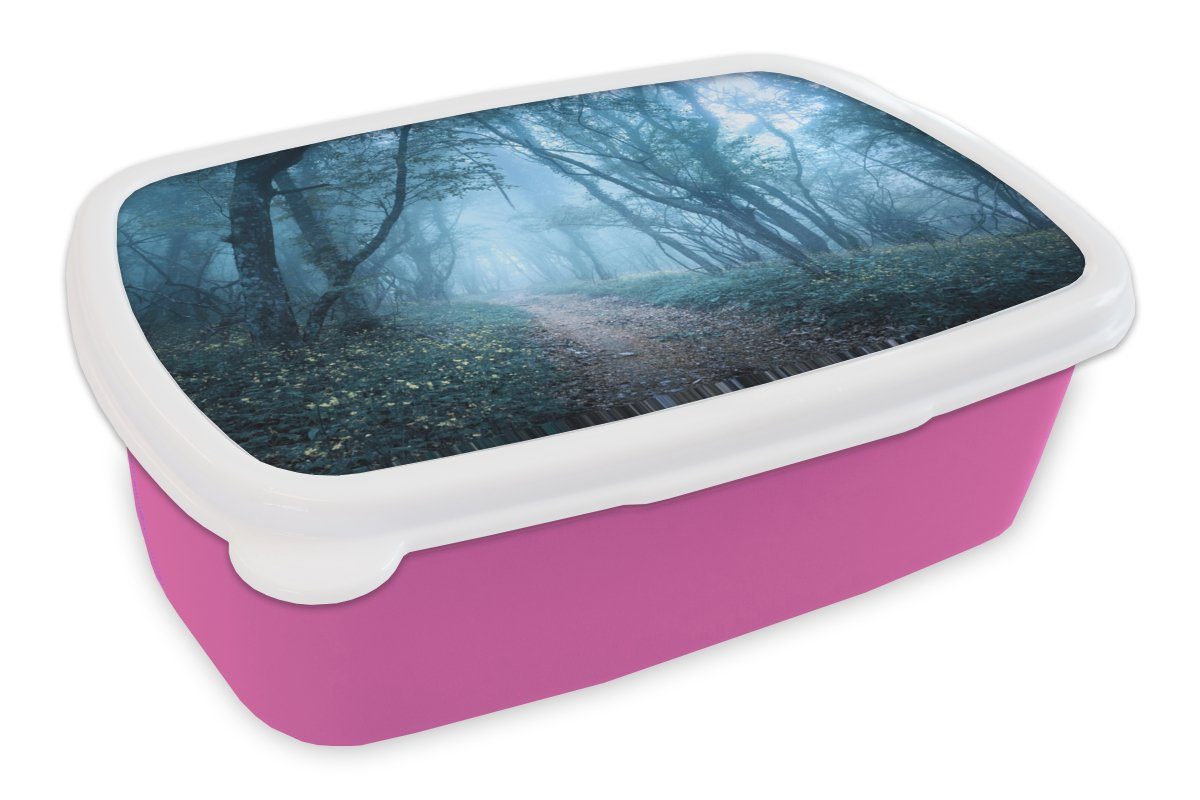 MuchoWow Lunchbox Bäume - Natur - Nebel, Kunststoff, (2-tlg), Brotbox für Erwachsene, Brotdose Kinder, Snackbox, Mädchen, Kunststoff rosa