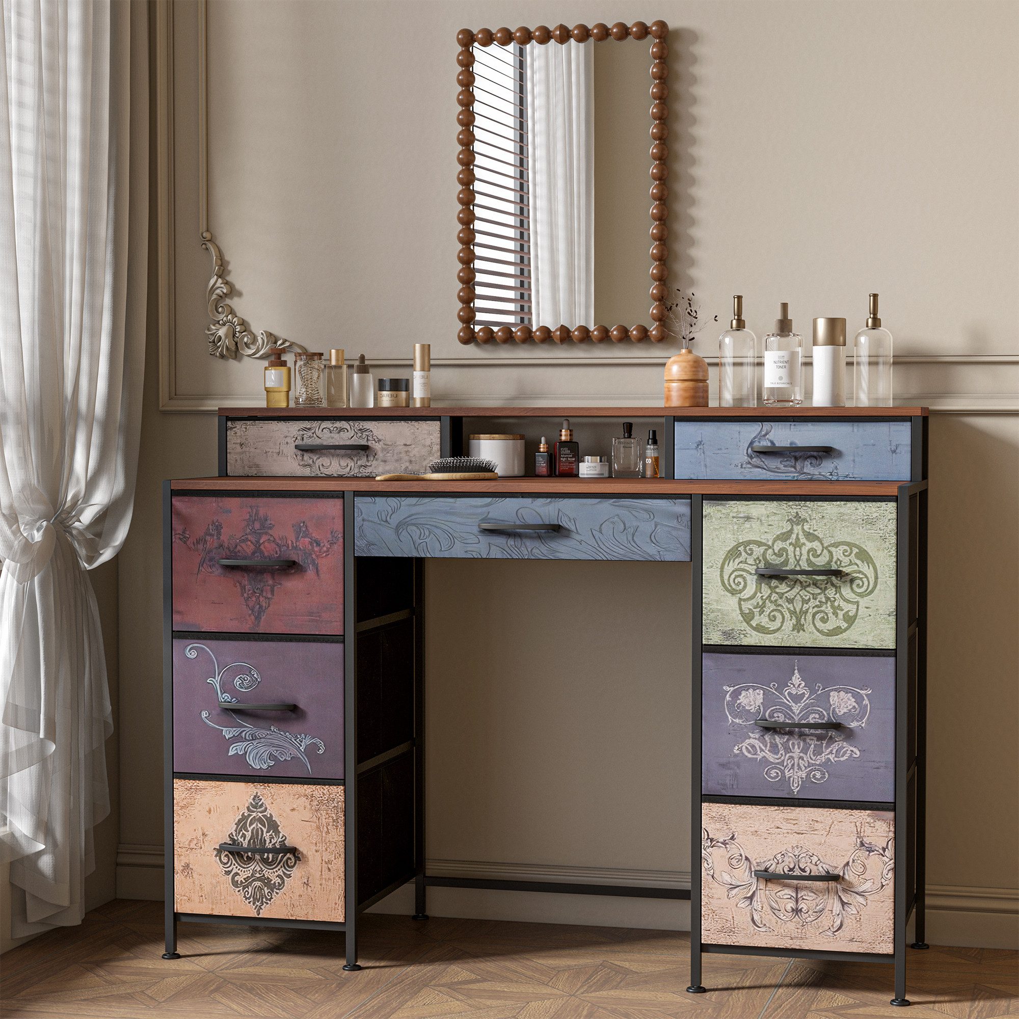 FUROKOY Kommode Vintage Stoffkommode Sideboard mit klappbaren Stoffschubladen (Schminktisch mit Stoffchubladen, Retro-schubladenschrank für Arbeitszimmer Flur Wohnzimmer Schlafzimmer), 9 Stoffschubladen