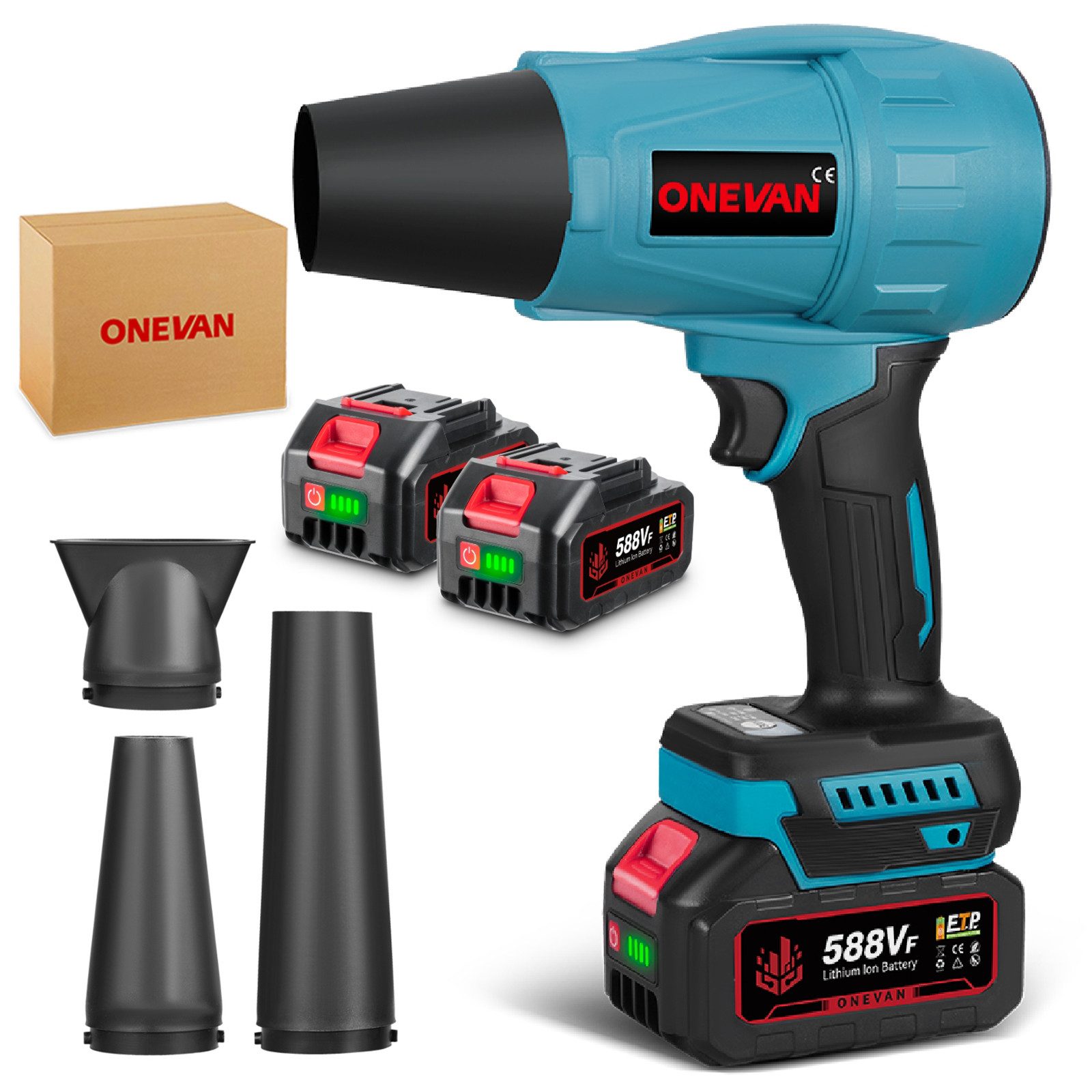 ONEVAN Akku-Gebläse Turbo Luftgebläse 300 m/s Bürstenlosen Laubbläser mit 2 × Akkus, 4x Düse, Handbläser Turbogebläse für Garten, Auto, Freien, Haus