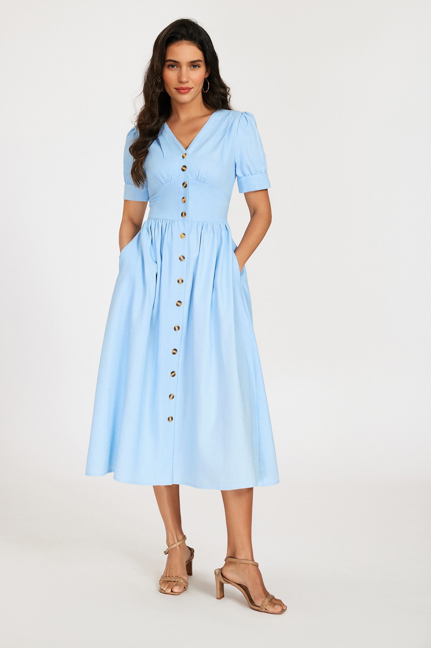 FS Collection Midikleid Damen Midikleid Sommerkleid Jeanskleid mit Knopfleiste Kurzarm (XS (EU:36 / UK:8) · S (EU:38 / UK:10) · M (EU:40 / UK:12) · L (EU:42 / UK:14) · XL (EU:44 / UK:16) Knopfleiste, Puffärmel, elastische Taille hinten