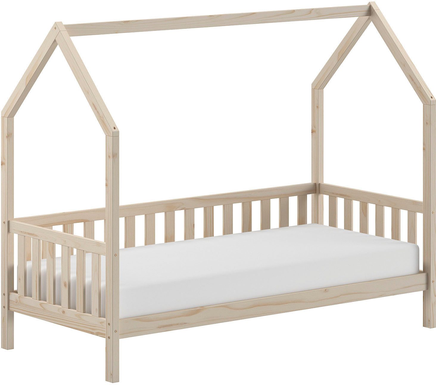 Vipack Hausbett Cabane, mit Dachaufbau, Bettschublade auf Rollen u. Sprossenumrandung (B/H/T ca. 208x169x98 cm) aus massiver Eiche, Oberfläche Natur), sehr stabil und standfest gebaut inkl. Massivholz Rolllattenrost