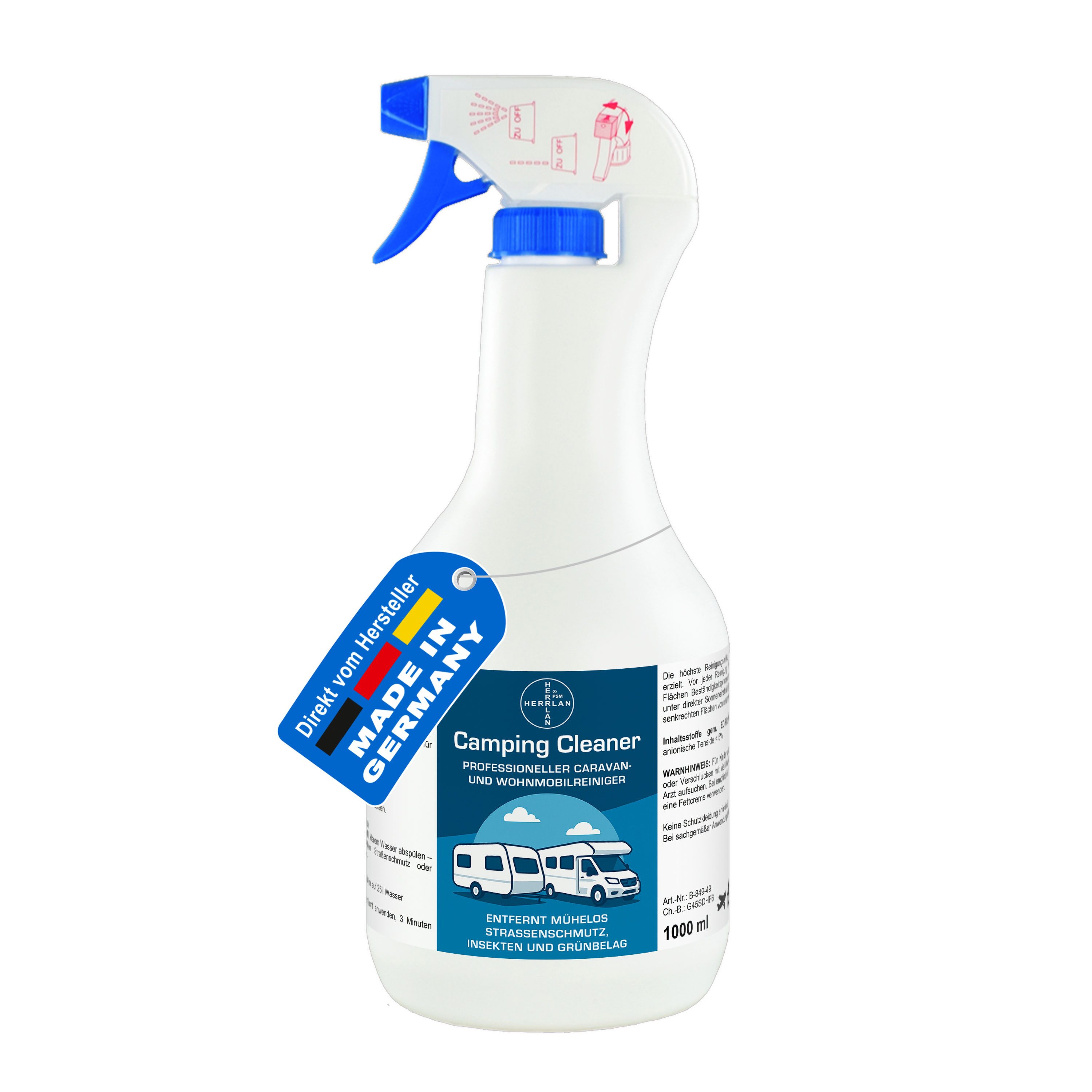 HERRLAN Camping Cleaner – Caravan- & Wohnmobilreiniger Markisenreiniger (1000 ml, [- entfernt Fett, Öl, Insektenreste & Schmutz)