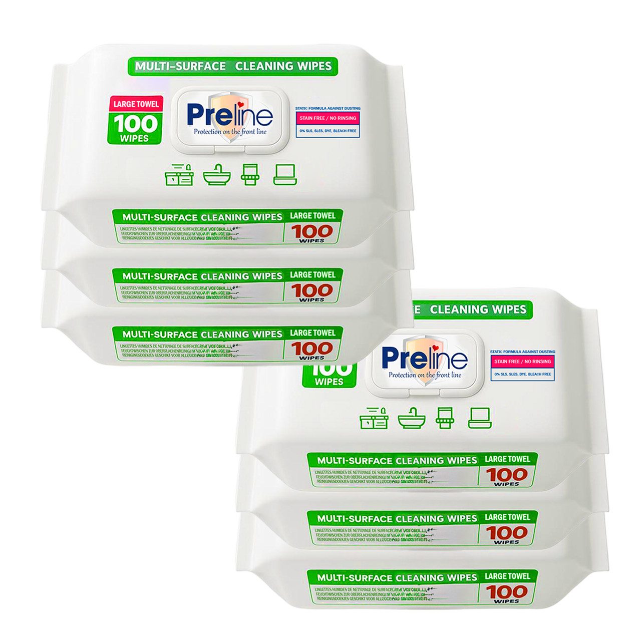 Preline Multi-Surface Oberflächenreinigungstücher, Allzwecktücher, Reinigungstücher (6-tlg., SLS/SLES/Bleichmittel-frei, Für Küche Bad Elektronik Fenster 100Stück)