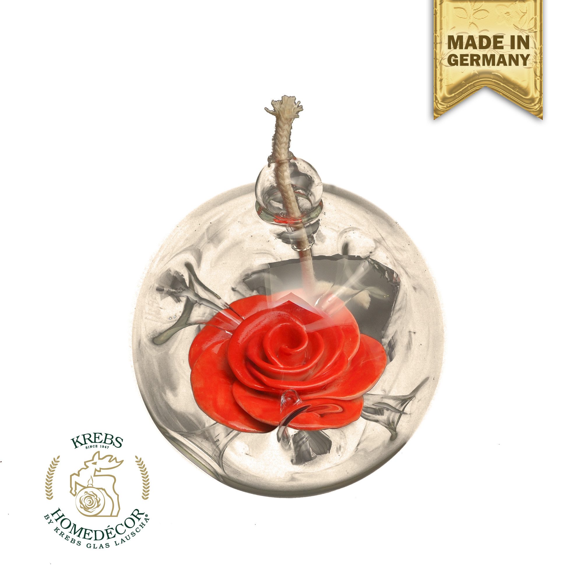 Krebs Glas Lauscha Weihnachtsbaumkugel Home Decor Glas-Öllampe mit Roter Porzellanrose Transparent 9cm (1 St), Glas
