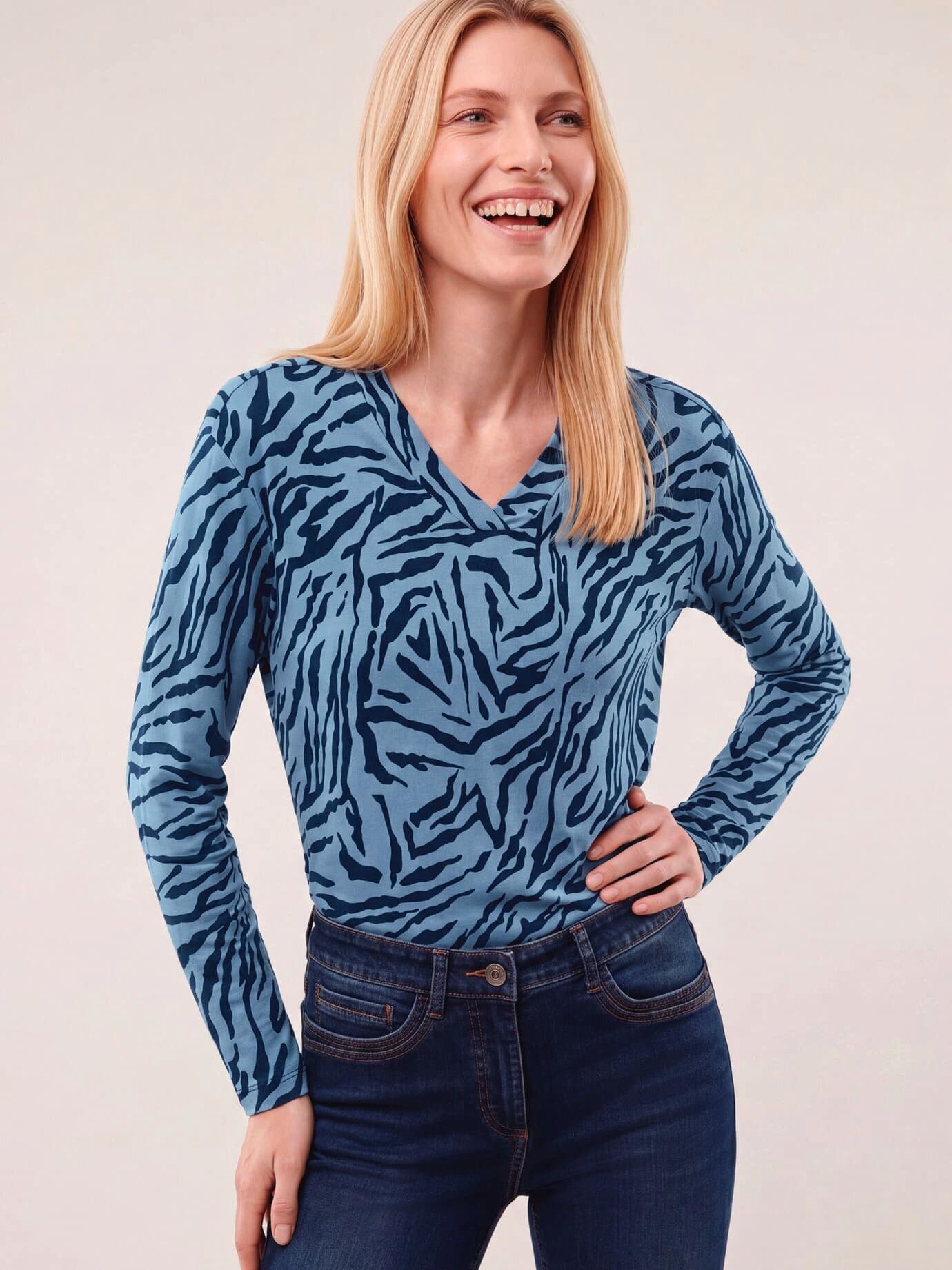 Walbusch T-Shirt Damen Shirt aus Viskose mit Animalprint V-Ausschnitt Langarm, V-Ausschnitt