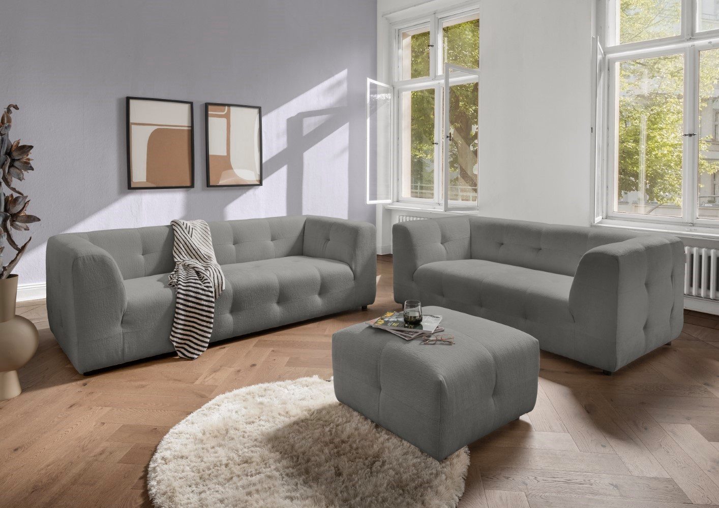 Myhomelando Sofa Sofa Set Belice 2,5er+2er+Hocker, Tonnentaschenfederkern, inklusive Hocker