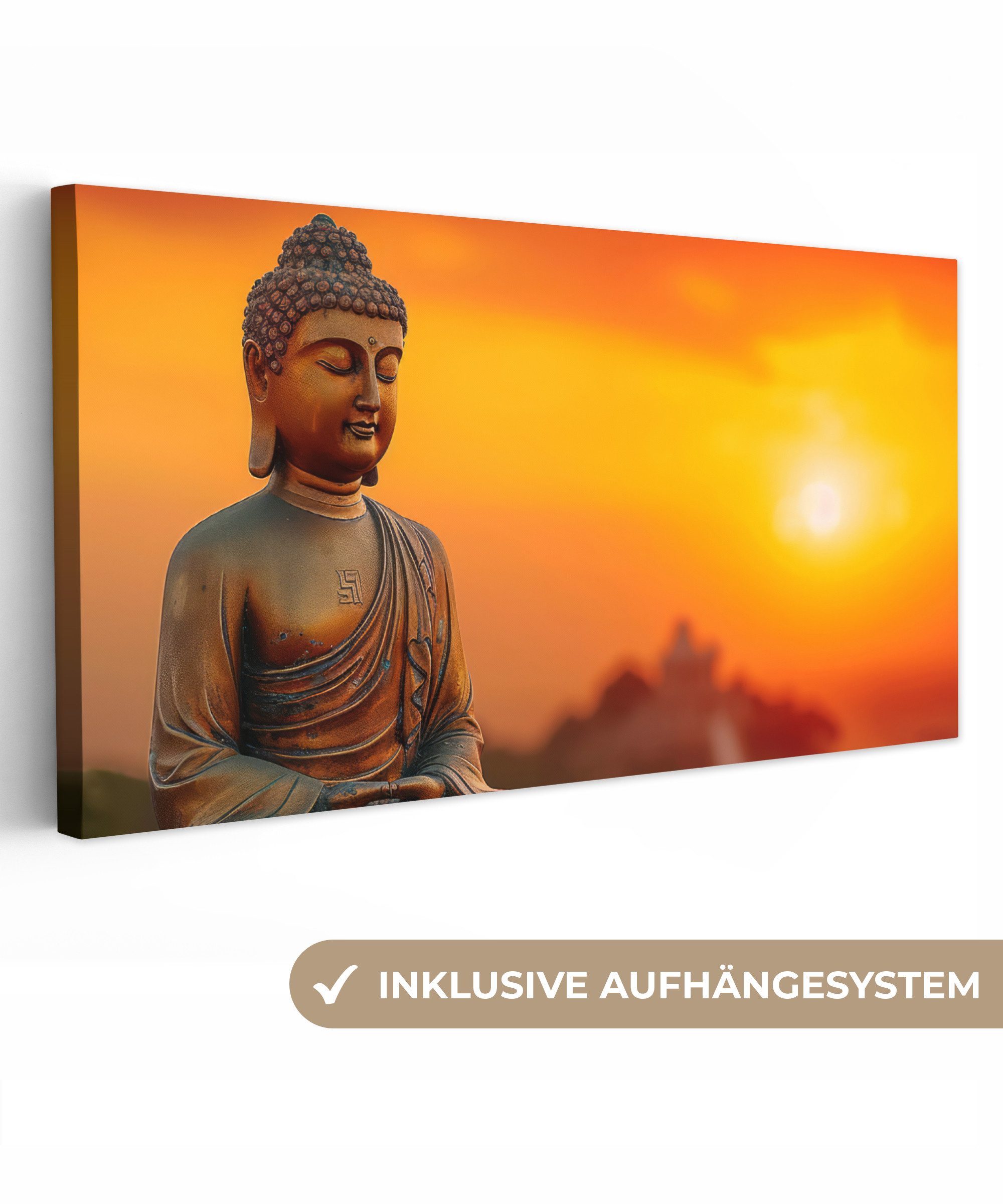 OneMillionCanvasses® Leinwandbild Panorama Buddha - Bild - Sonnenuntergang - Buddha - Zen - Japan, Fotodruck (1 St), Wandbild, Deko Schlafzimmer Wohnzimmer Flur 40x20 cm