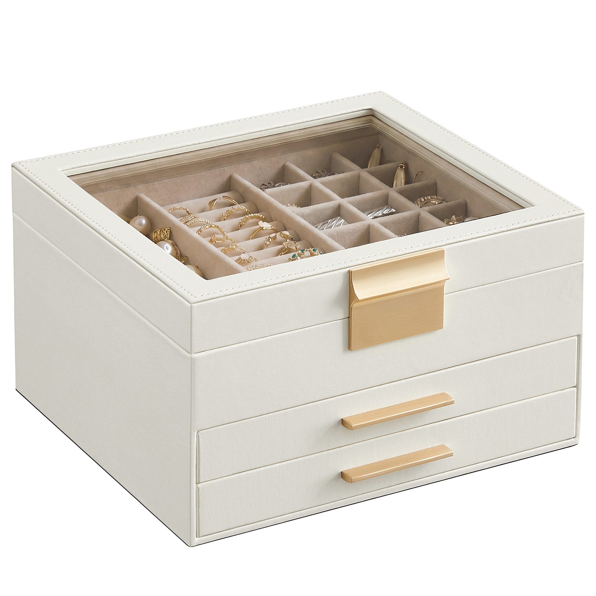 SONGMICS Schmuckkasten Schmuckkästchen, Schmuckbox mit Glasdeckel, wolkenweiß-golden, mit 3 Ebenen, 2 Schubladen, Schmuckaufbewahrung, 20,3 x 23,1 x 13,5 cm