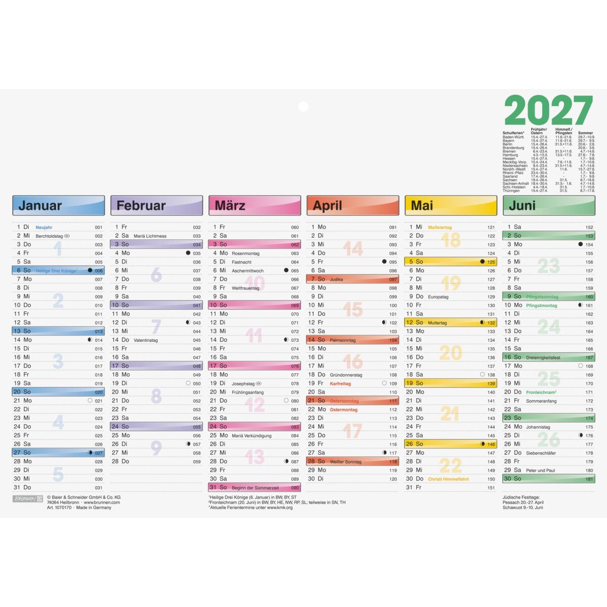 BRUNNEN Terminplaner Tafelkalender A4quer Dataline 2027
