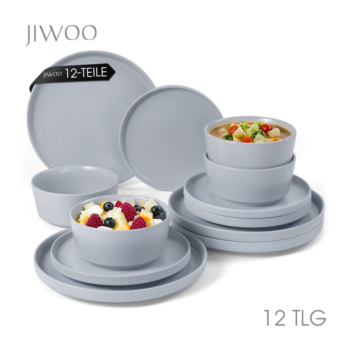 JIWOO Geschirr-Set 12tlg Kombiservice Teller-Set Tafelservice Schüssel-Set Speiseteller (12-tlg), 4 Personen, Keramik, Hochwertiges Geschirr set Grau Mikrowellen spülmaschinenfest