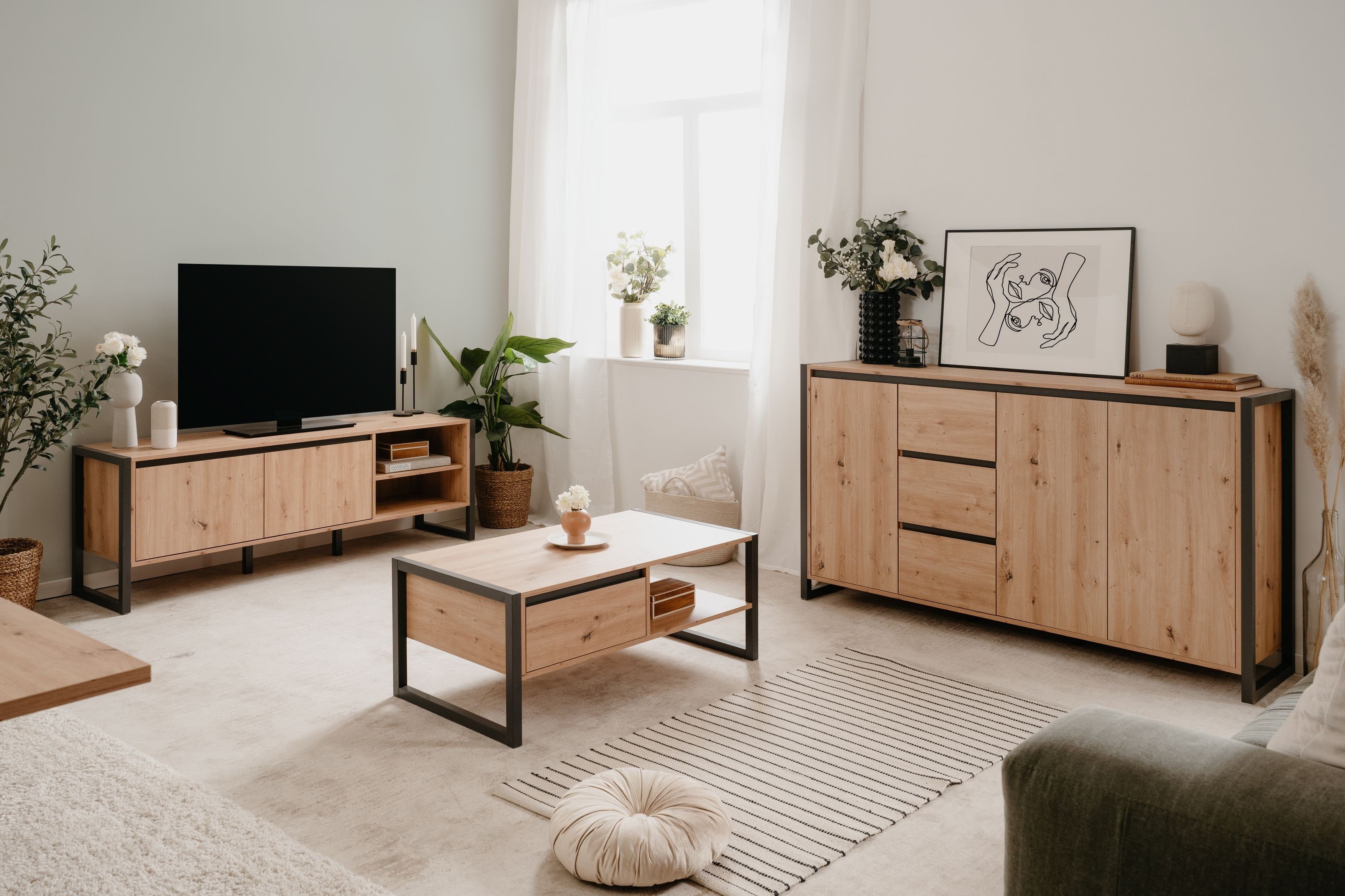 möbelando Wohnzimmer-Set Arvada, (3 teilig), aus MDF in Artisan Eiche / Anthrazit mit 4 Schubladen und 5 Türen.