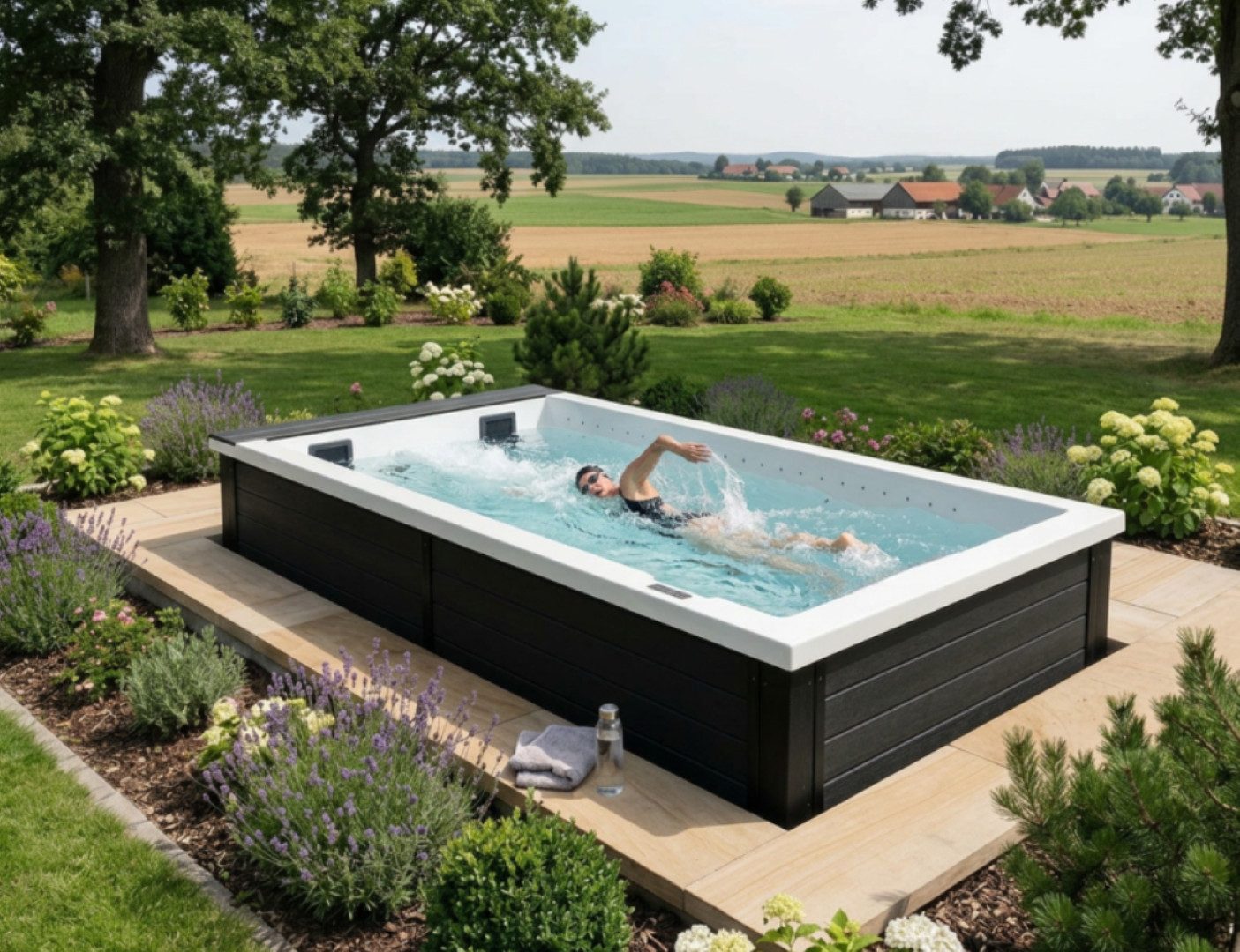 SPA Kompagniet Whirlpool Scandinavic Wood Art "Mykonos" Swim Spa 3 Gegenstromdüsen 410×228 cm, Aufstellbecken, (Komplett mit Gegenstromanlage, Thermo-Cover, 2 Filtern und LED-Licht), inkl. Thermo-Cover, mit 52 fiberoptischen Lichtpunkten