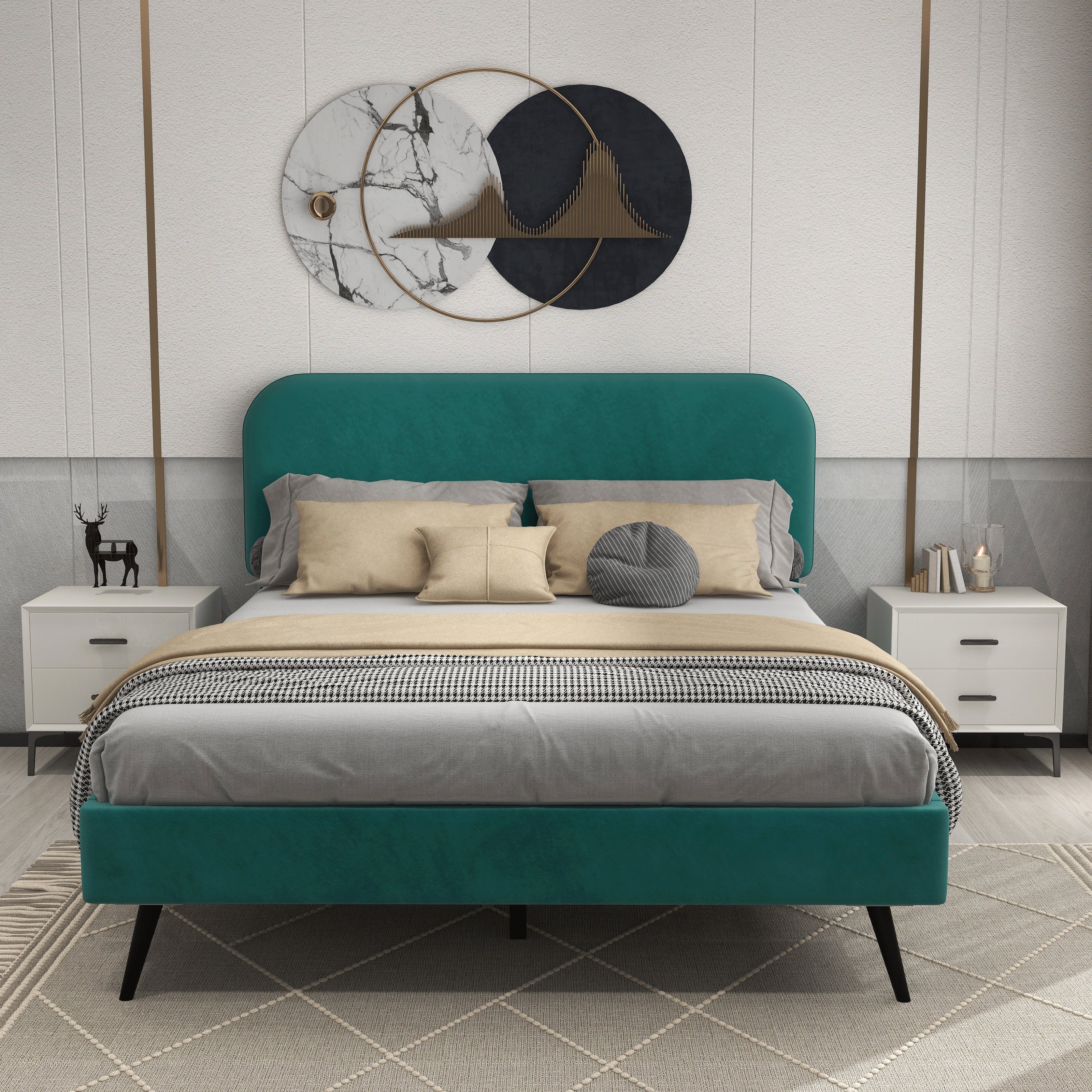 Odikalo grün Möbelensemble, Doppelbett+Nachttische+Betthocker, Samt, 140x200cm Schlafzimmer-Set