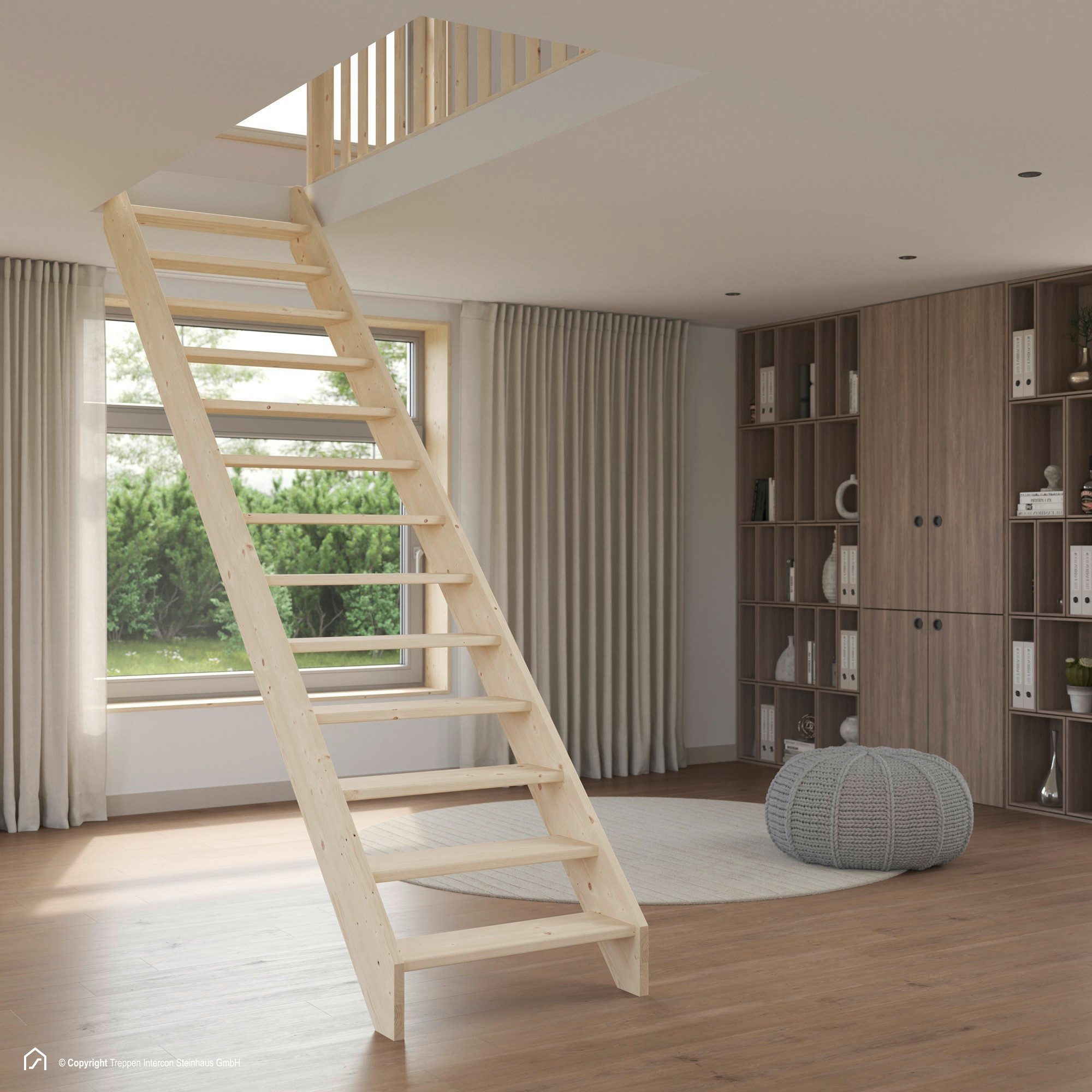 Treppen Intercon Raumspartreppe Casablanca gerade, 60 oder 80 cm Stufenbreite, für Geschosshöhen bis 280,00 cm, Stufen offene oder geschlossene Stufen, Durchgehende Wangen