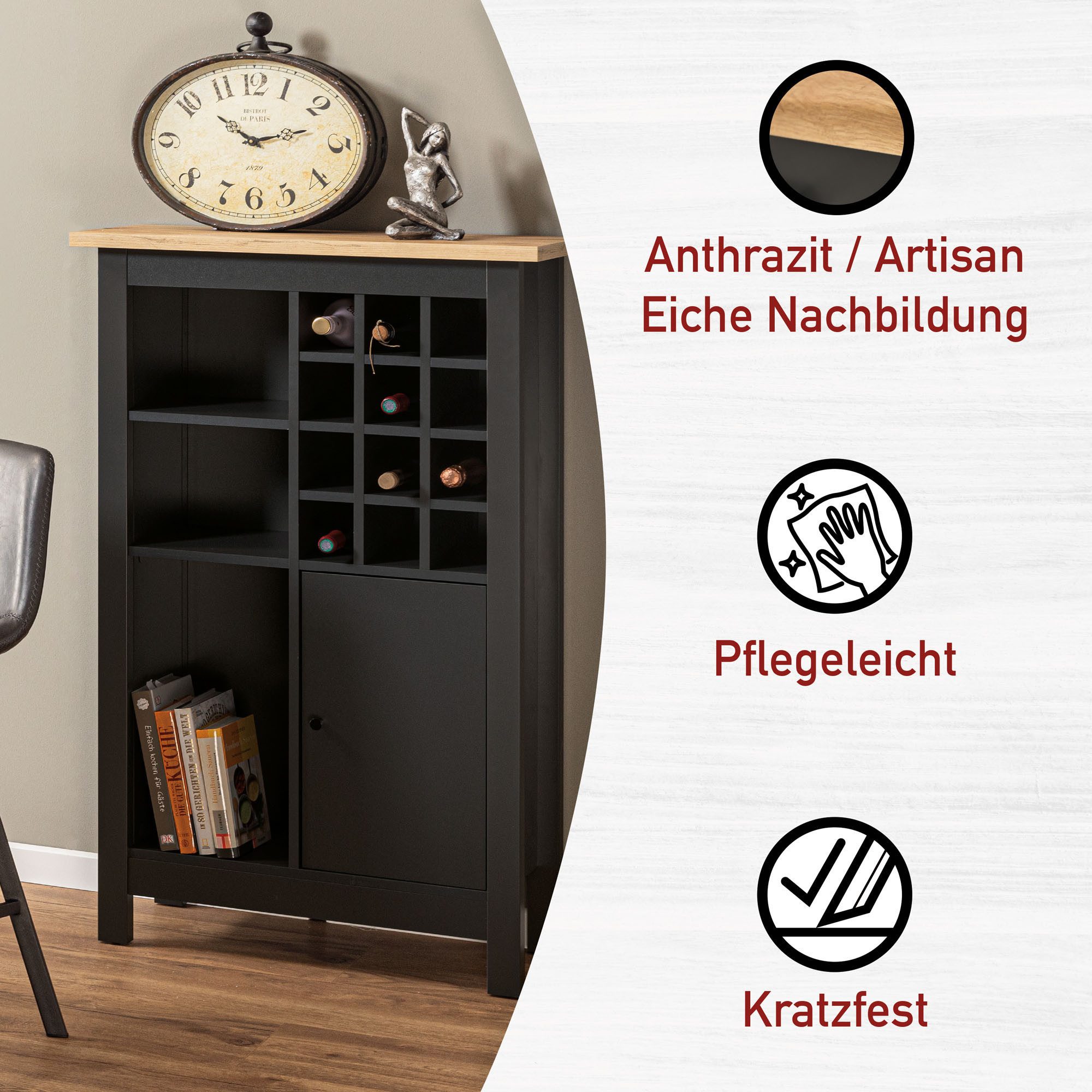 Inter Link Highboard Carbona, mit 12 Flaschenfächern & Stauraum, Hochschrank, modern (1 St), Hochkommode, Weinschrank, Weinregal, BxTxH: ca. 76,8 x 33 x 124,4 cm