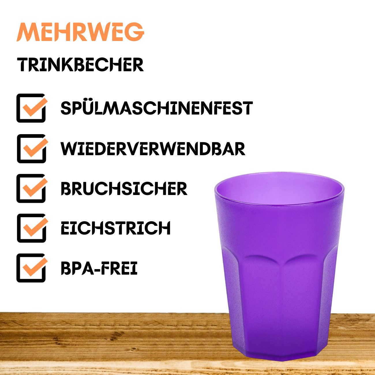 Engelland Becher Plastikbecher in modernen Neonfarben, Mehrweg, 1-tlg., Kunststoff, spülmaschinengeeignet, bruchfest, wiederverwendbar, 250 ml, 0,25 Liter