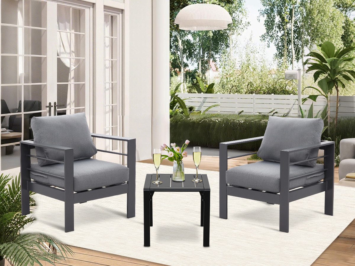 MeXo Gartenstuhl Balkonmöbel Set 2 Sitzer Aluminium wetterfest outdoor mit Gartentisch (12cm Deluxe Relax-Sitzkissen, Belastbarkeit pro Sitzplatz 140kg), Bistroset mit Balkontisch Gartenmöbel 2er Set kleiner Balkon