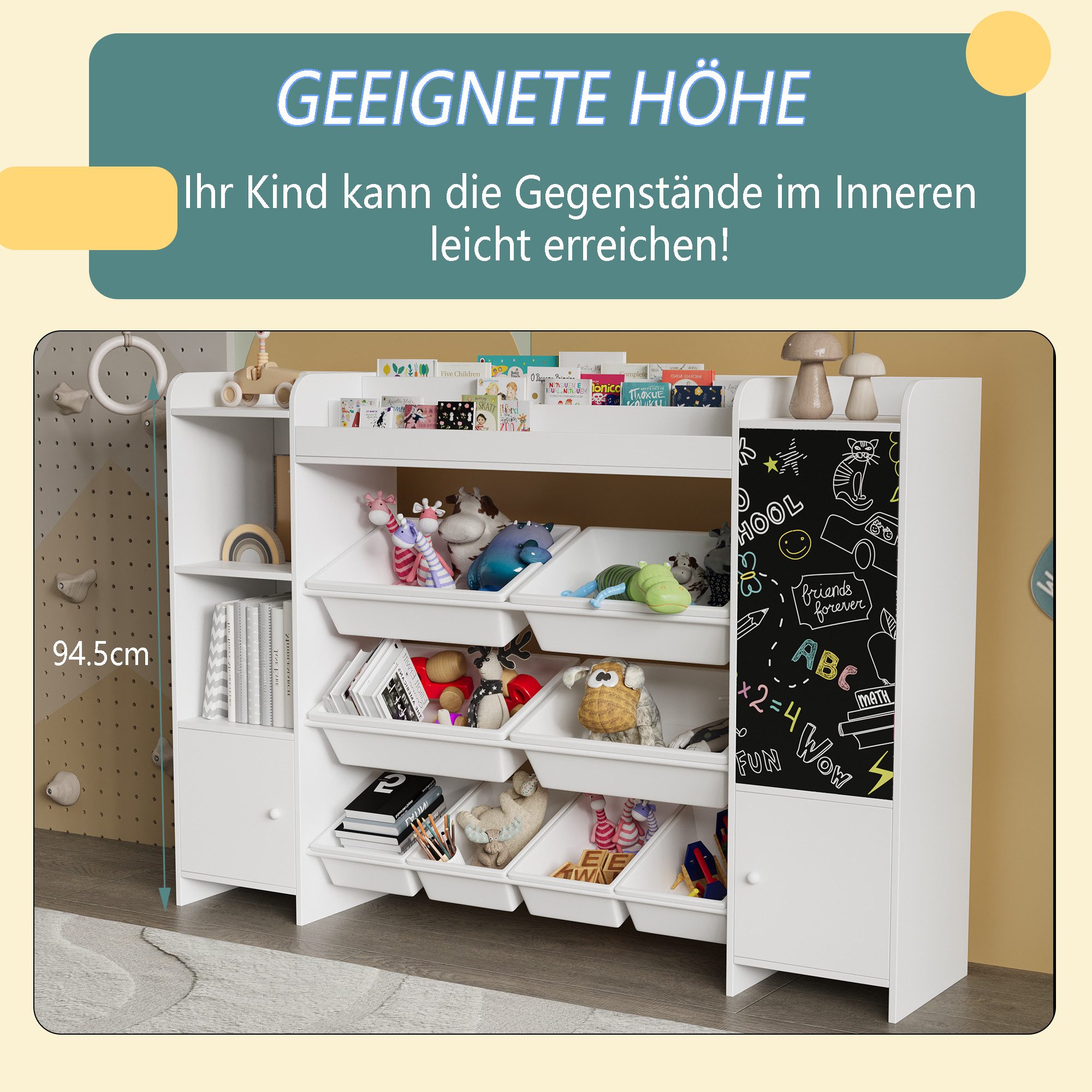 Furnishings Home Spielzeugtruhe Kinder Ablageregal Kinderregal Spielzeugregal (1 St), mit 9 Aufbewahrungsboxen, Tafel, Kinderzimmer Regal