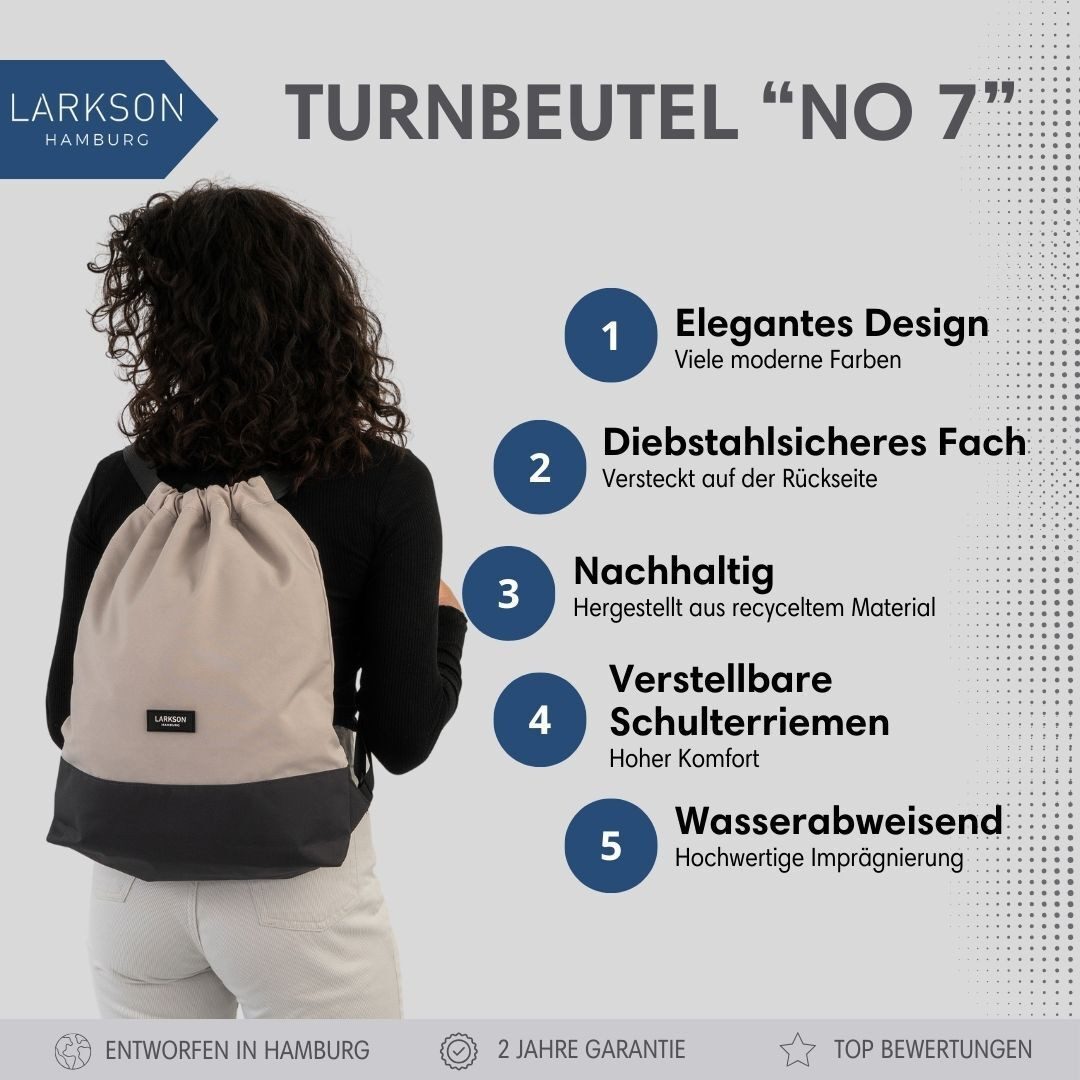 LARKSON Turnbeutel No 7 Turnbeutel Damen Herren (1-tlg), Sporttasche, Anti Diebstahl Seitentasche, Wasserabweisend