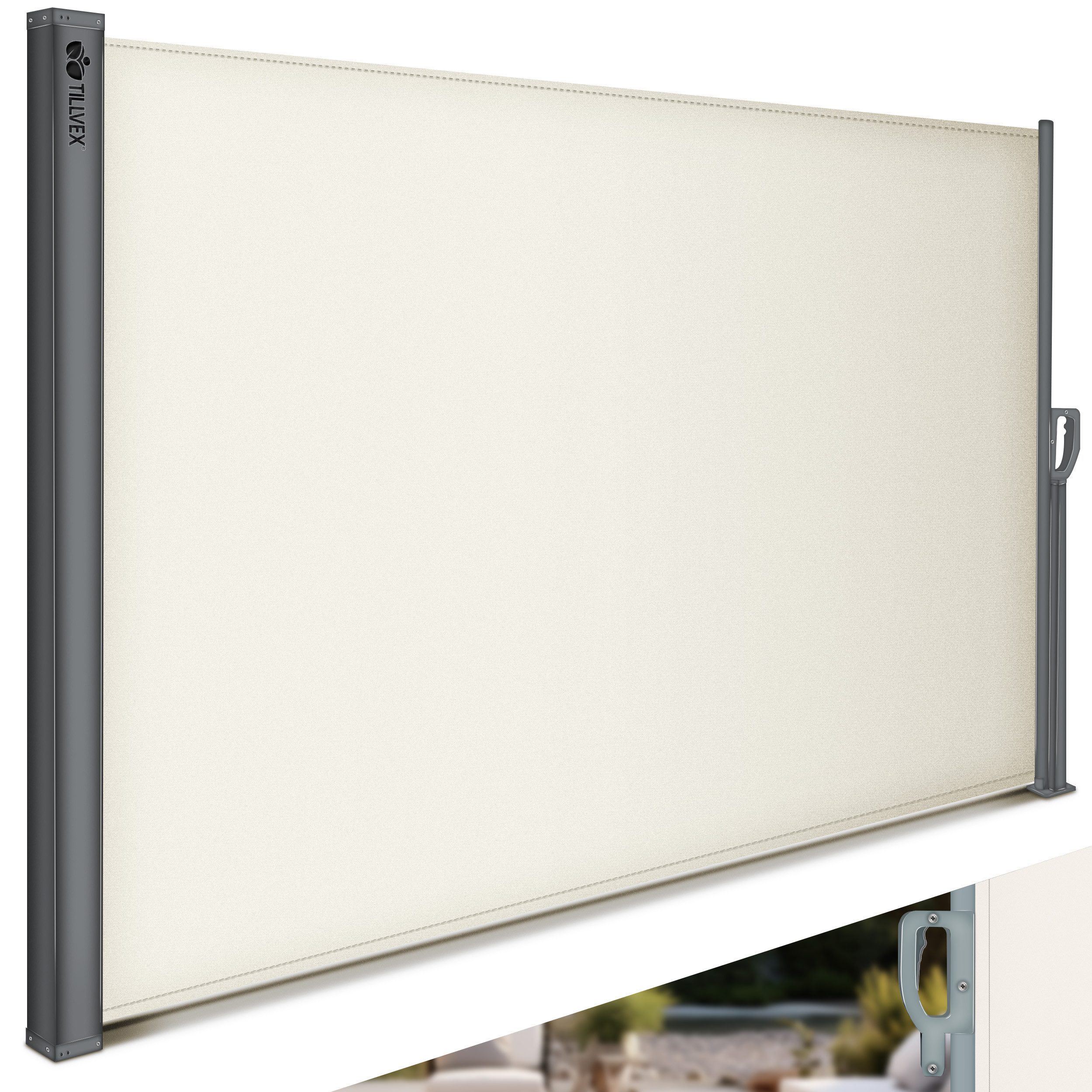 tillvex Seitenmarkise ausziehbar & Blickdicht, Sichtschutz-Seitenrollo mit Wandhalterung (Sonnenschutz aus rostfreiem Stahl, Markise Windschutz)