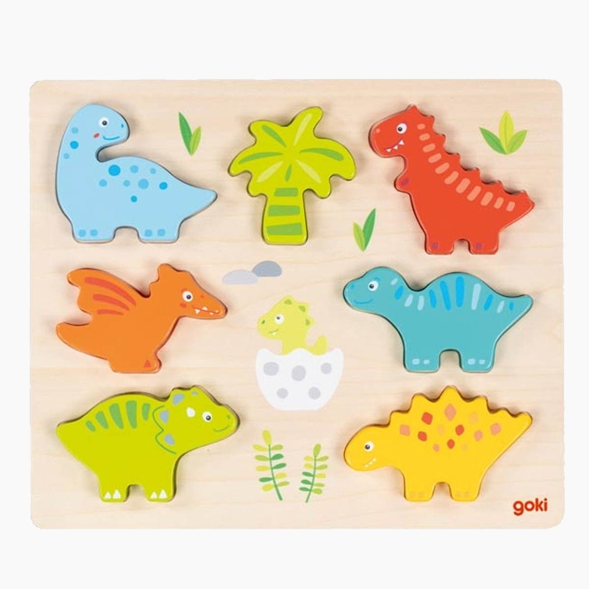 goki Steckpuzzle Einlegepuzzle Dinosaurier, 7 Puzzleteile, Farbenfrohe Holzpuzzles für kleine Entdecker