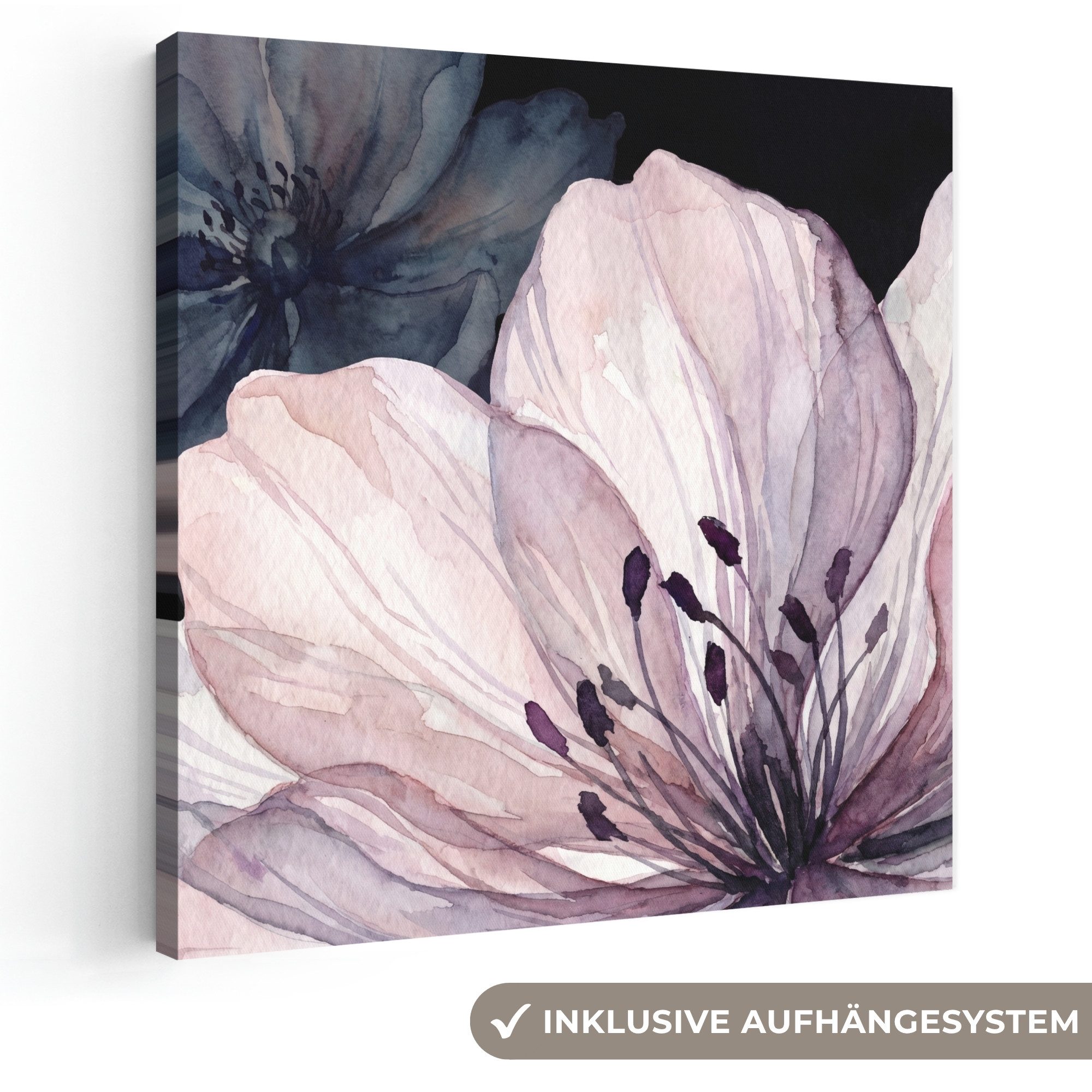 OneMillionCanvasses® Leinwandbild Blumen – Aquarell – Modern – Rosa – Dunkel, Fotodruck (1 St), Wandbild, Deko Schlafzimmer Wohnzimmer Flur 20x20 cm