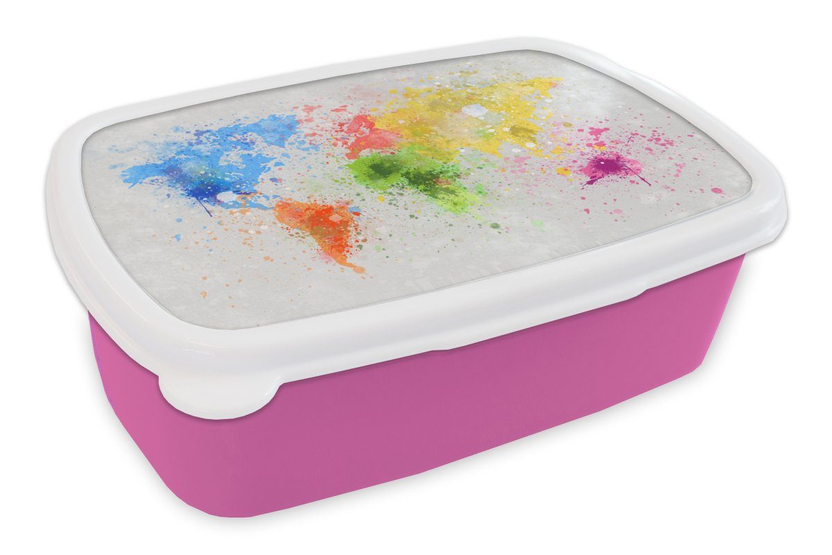 MuchoWow Lunchbox Weltkarte - Abstrakt - Snackbox, - - für Kunststoff Brotdose rosa Mädchen, Erwachsene, Brotbox Malen (2-tlg), Kunststoff, Kinder - Mädchen, Jungen Kinder