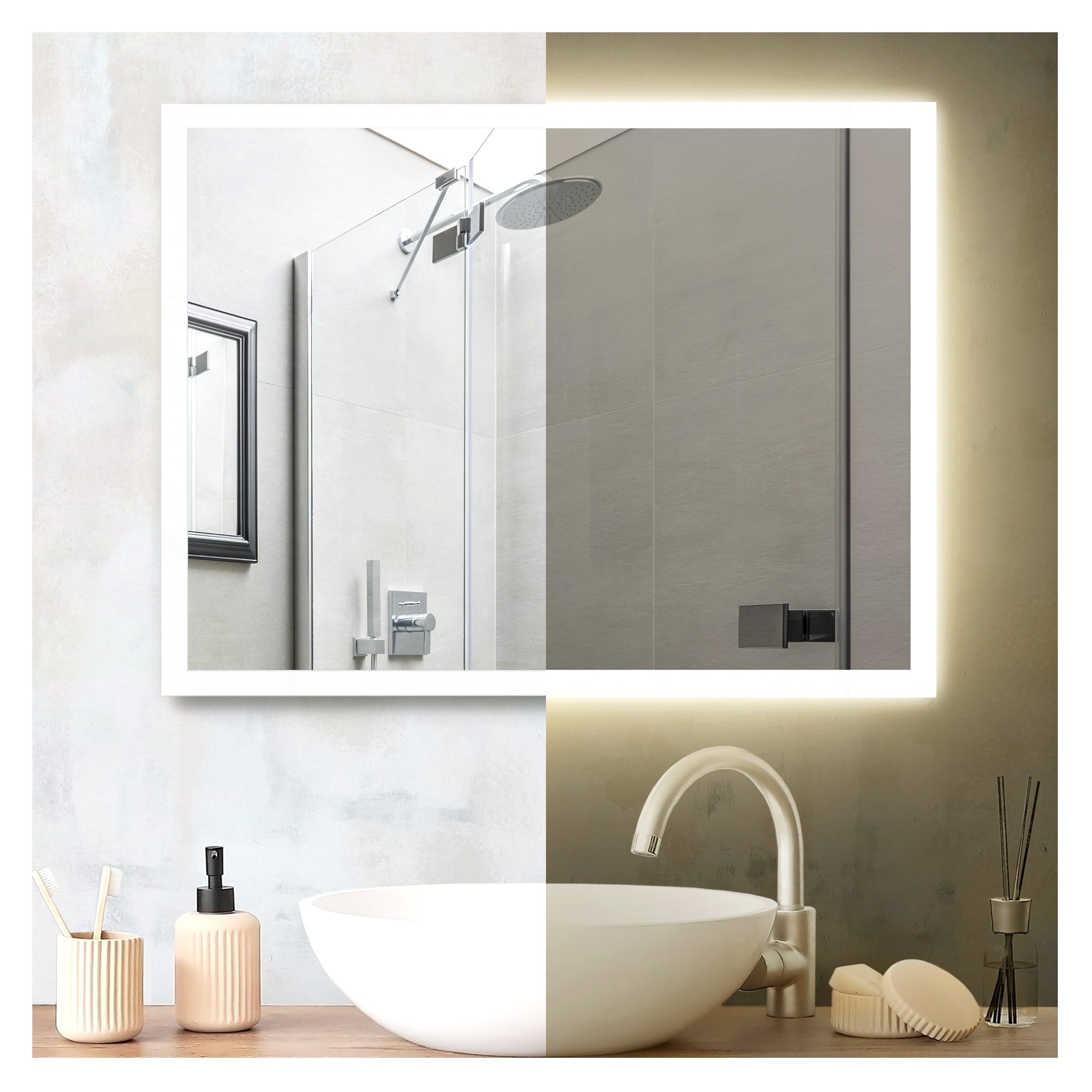 Bilderdepot24 Spiegel beleuchtet LED für Wand schalterlos Feuchträume geeignet (1-St., 4 mm starker Wandpsiegel mit Beleuchtung eckig neutralweiß), Spiegel 2 cm Sandstrahlrand direkt ans Stromnetz inkl. Montagematerial