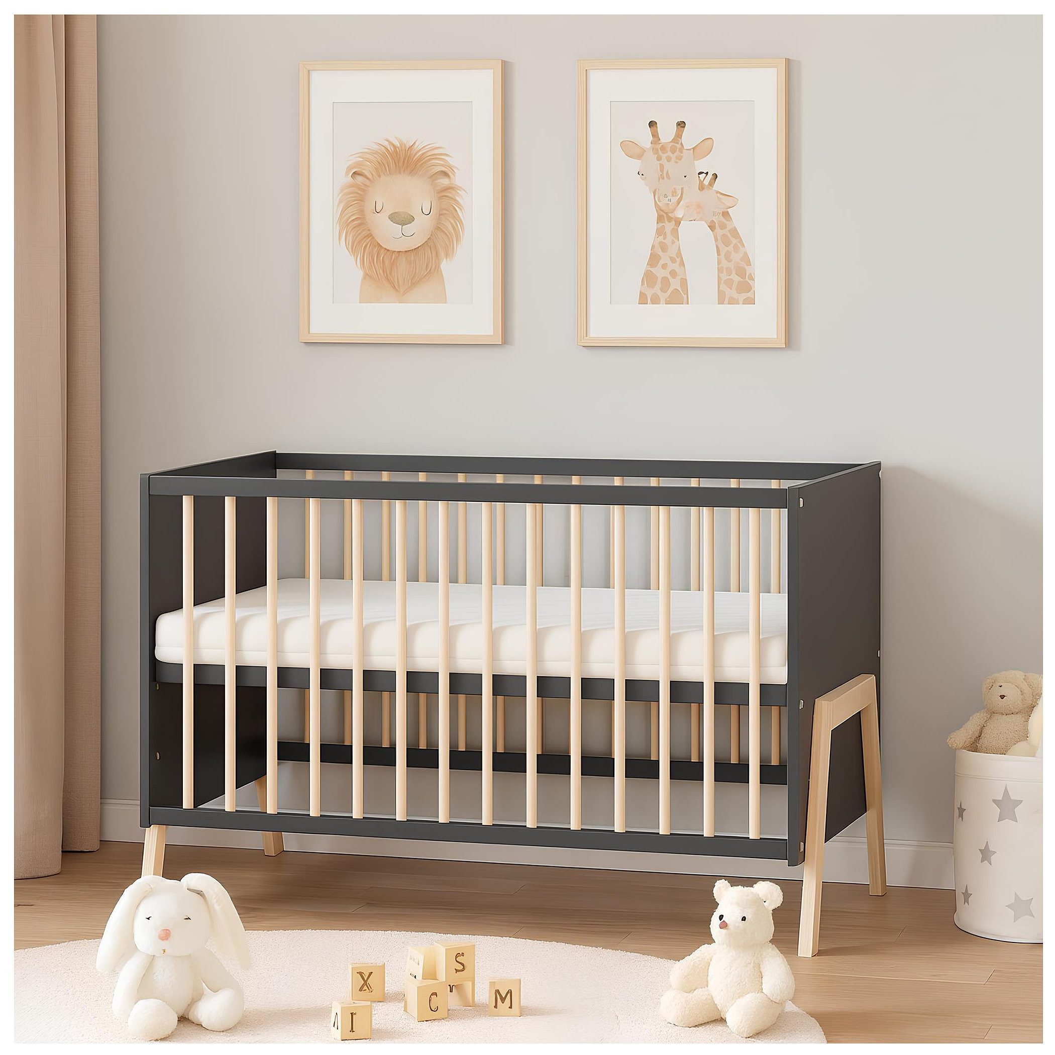 Baby-Delux Babybett Juna Anthrazit Kiefer, Kinderbett 60x120 weiß Kiefer Schutzgitter Matratze