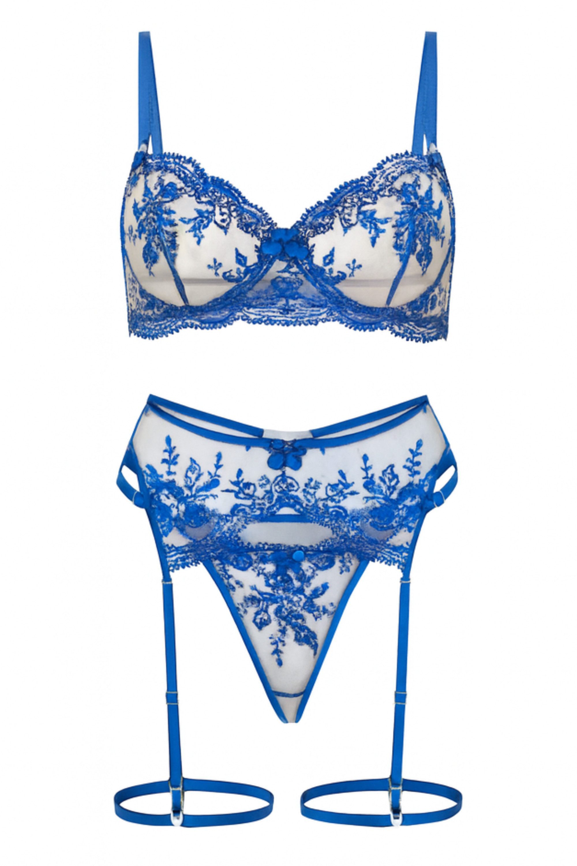 Elegant Love Set: Bügel-BH Sexy Dessous Set mit Strumpfhalter, bestickter BH-Set, Lingerie-Set (Set, 3-tlg., Spitze Bralette BH + G-String Tanga + Strumpfgürtel) Elegante Reizwäsche, Damenunterwäsche aus Mesh