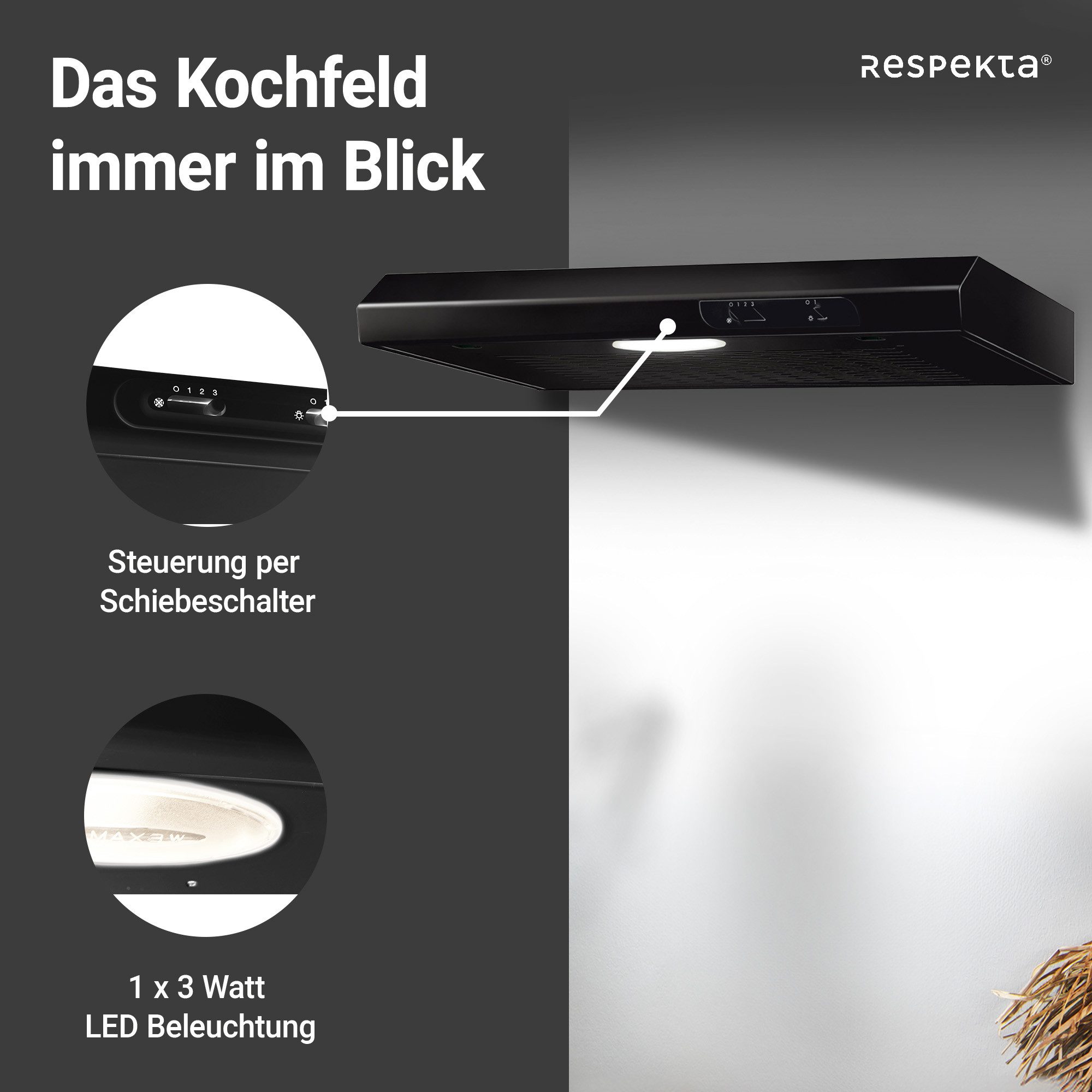 RESPEKTA Unterbauhaube Suna Serie DH640SL Suna, EEK: C, 3 Leistungsstufen, LED-Beleuchtung, Ab- und Umluftfähig