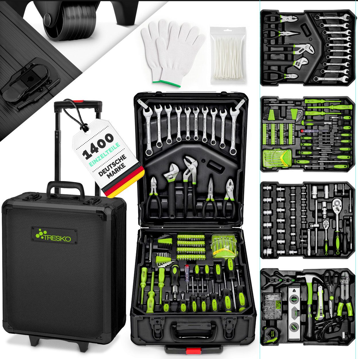 TRESKO Werkzeugset Werkzeugkoffer 1400 teilig XXL Set Werkzeugkasten gefüllt, (Chrom-Vanadium Stahl), Werkzeugkiste Profi Werkzeugtasche Werkzeug-Trolley