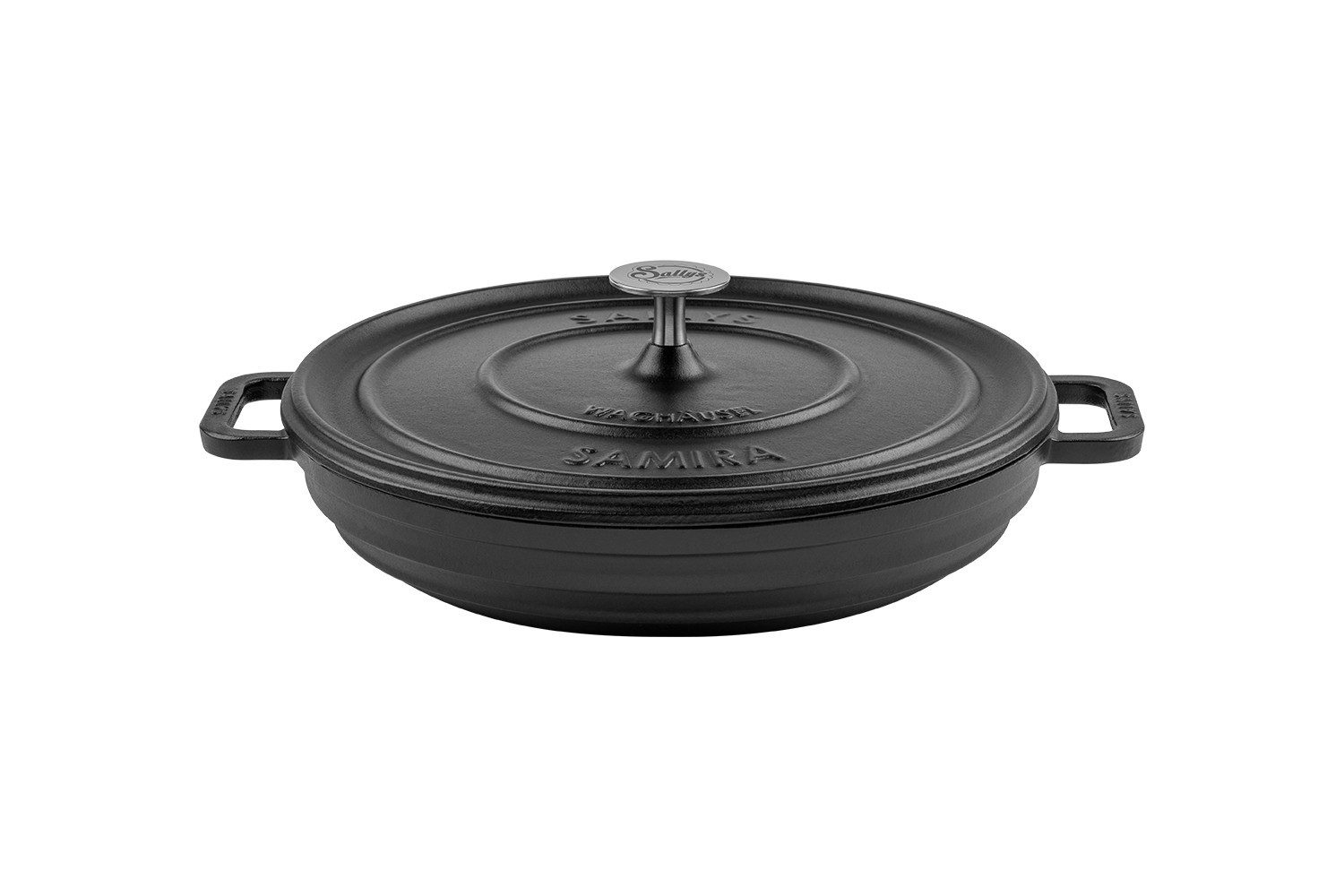 Sallys Schmortopf Hochwertiger Gusseisentopf Samira, 3L Bräter in Ø 32 cm, Vollgusseisen mit hochwertiger Emaille-Beschichtung (Schmortopf mit Deckel, flacher Bräter, gleichmäßige Wärmeverteilung, ofenfest bis 250 °C), ideal zum Schmoren, Braten & Backen