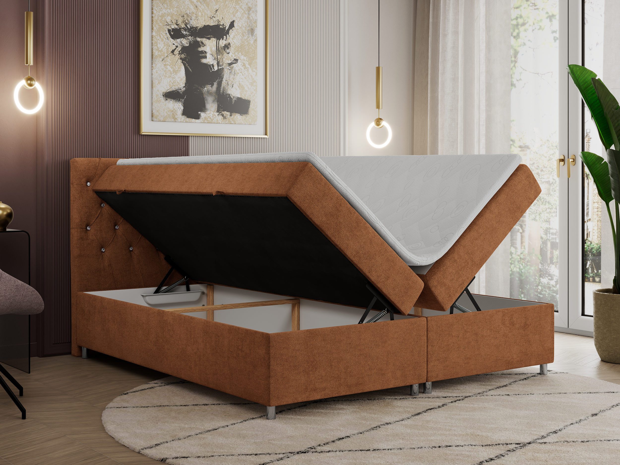 MKS MÖBEL Boxspringbett ROMA (Set, Packung, T30-Schaum, 7 Härtezonen, Kopfteil mit Knöpfen, mit Topper T25/Visco), mit Bettkasten, Doppelbett mit Multipocket-Matratzen