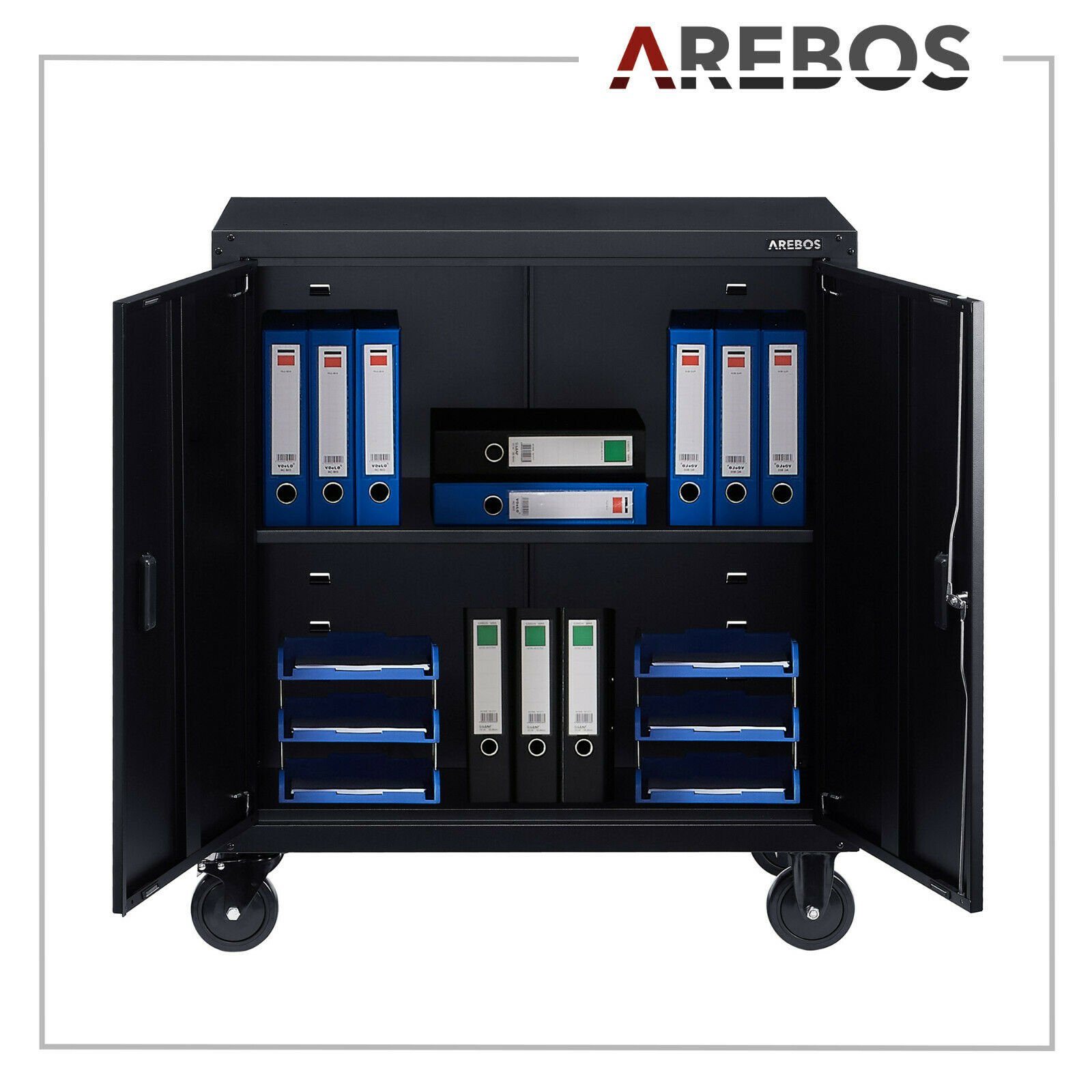 Arebos Aktenschrank Büroschrank, Lagerschrank, Schwarz Schwarz | (Stück) Höhenverstellbarer Einlegeboden