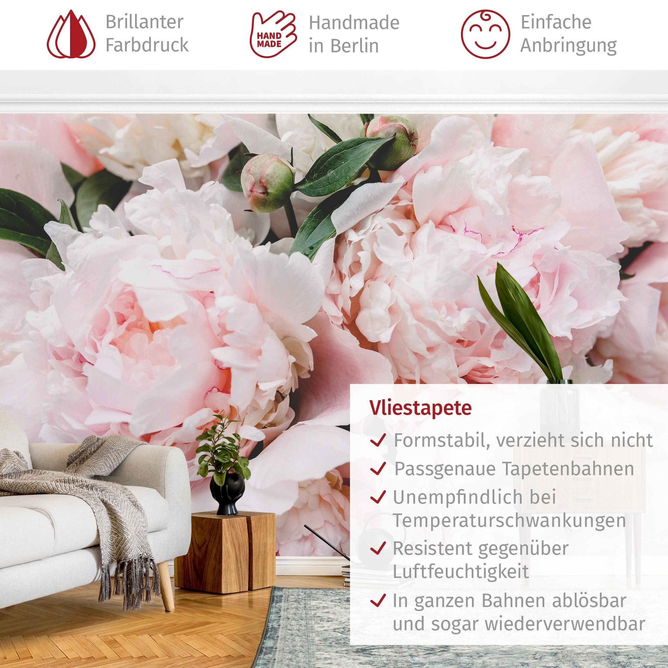 Bilderdepot24 Fototapete Rosen Pfingstrosen Hellrosa Blumen Natur Pflanzen Wanddeko, Glatt, Matt, (Vliestapete inkl. Kleister oder selbstklebend), Wohnzimmer Schlafzimmer Küche Flur Motivtapete Vliestapete Wandtapete