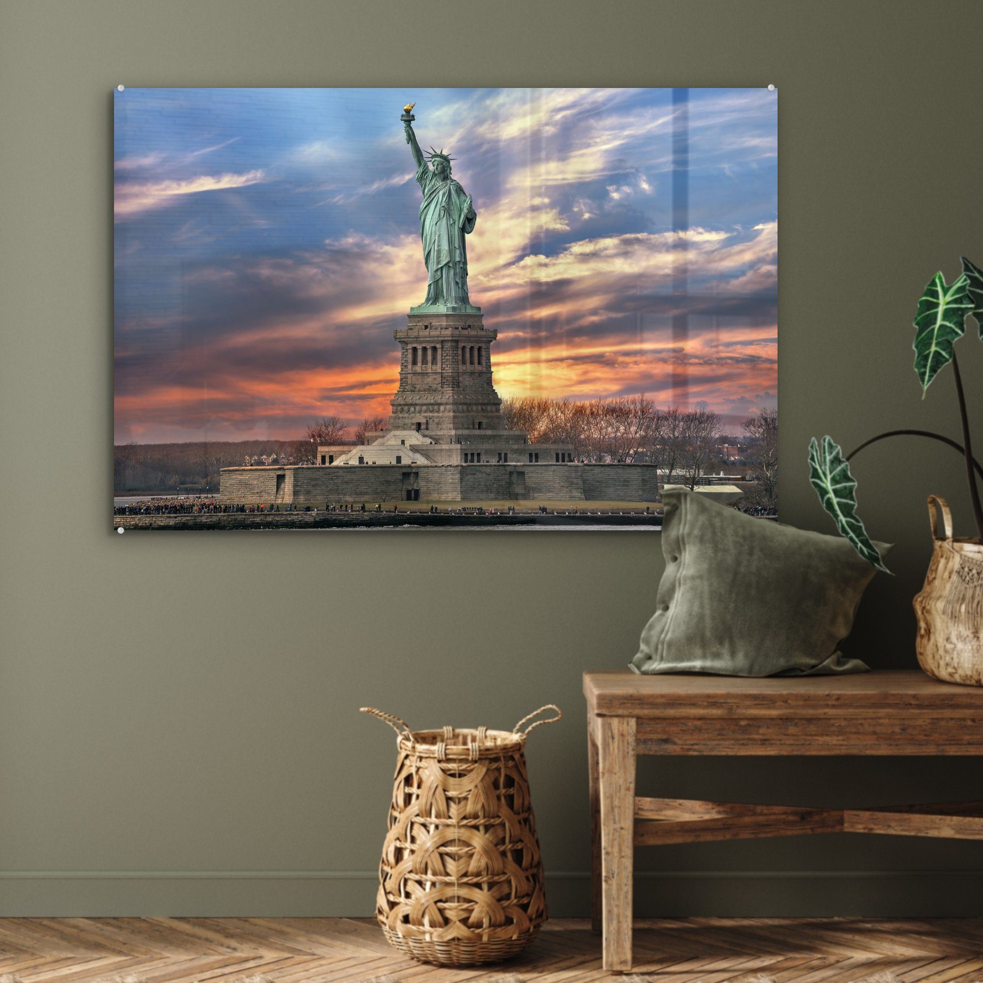 Sonnenaufgang in von USA, Schlafzimmer & Nähe bei den in New St), Freiheitsstatue (1 der Acrylglasbild MuchoWow Wohnzimmer York Acrylglasbilder