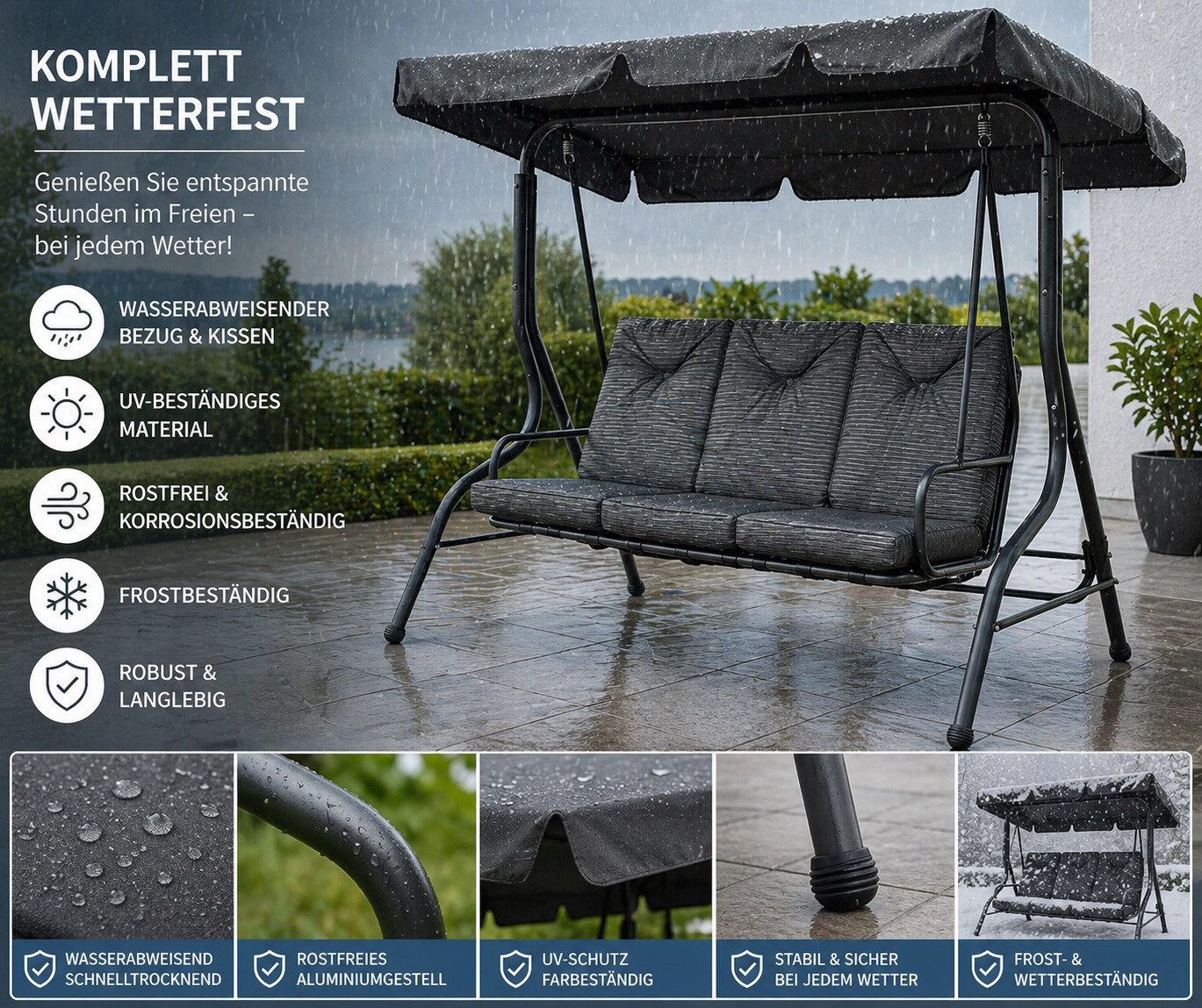 Gardissimo Hollywoodschaukel New Swing Allweather Outdoor Schaukel, 3-Sitzer, wetterfest, Spar-Set, inkl. Auflagen, wetterfest / 300 kg Tragkraft / stabil konstruiert
