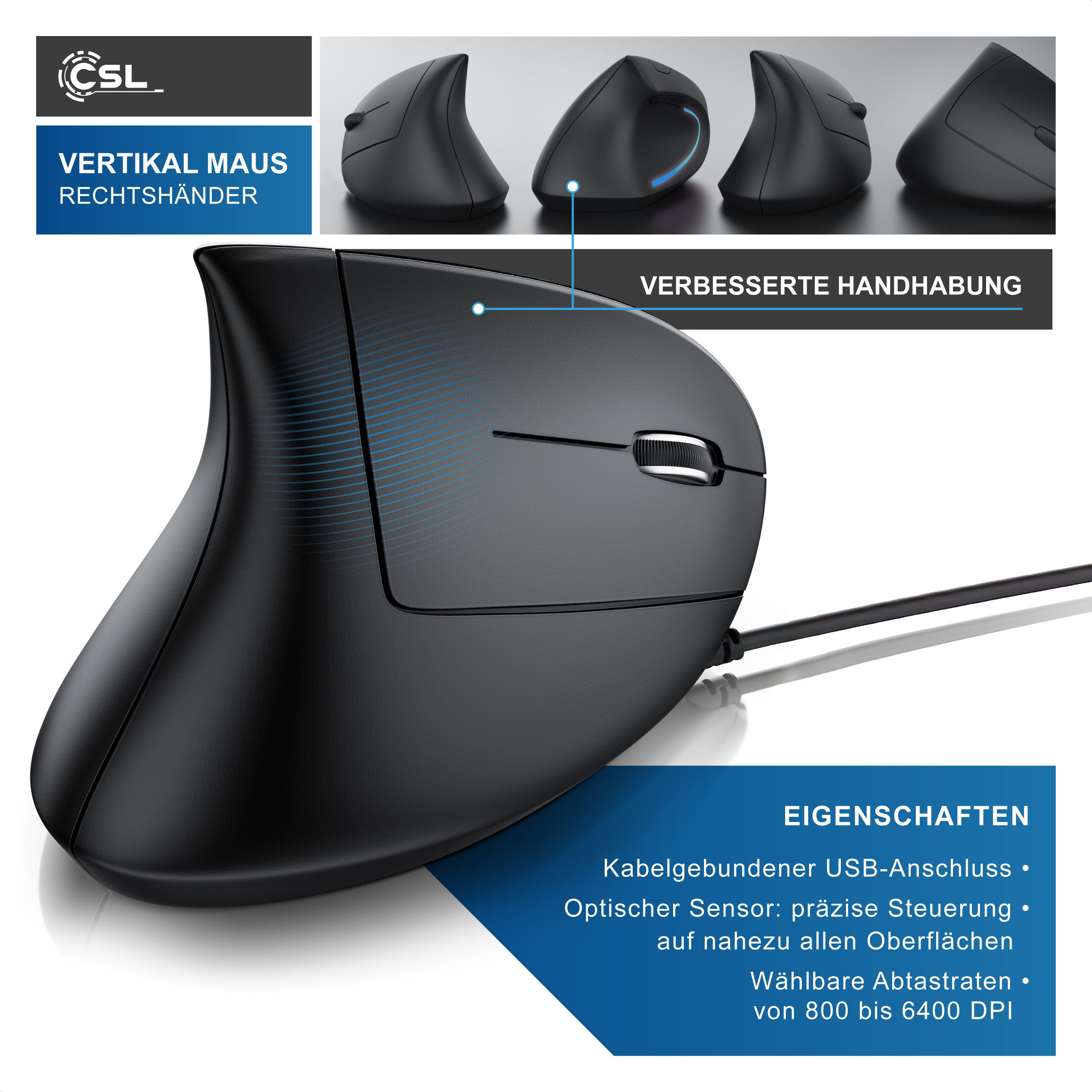 CSL kabelgebunden, vertikal, optisch, USB, ergonomisch, Rechtshänder ergonomische Maus (kabelgebunden, 800–6400 DPI, gummierte Oberfläche, 6 Tasten, 1,78 m Kabel)